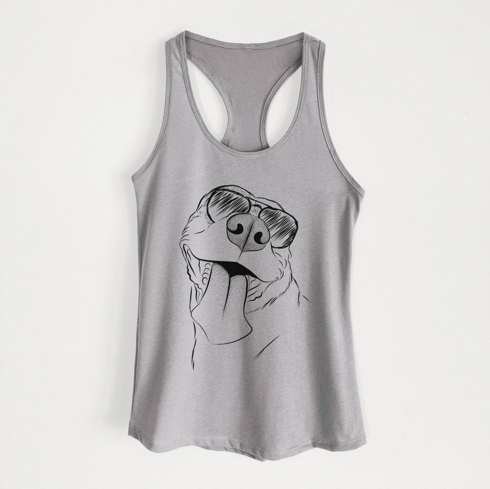 Hand-drawn sketch of Xena the American Staffordshire Terrier wearing aviator sunglasses on a Heather Grey Women's racerback tanktop