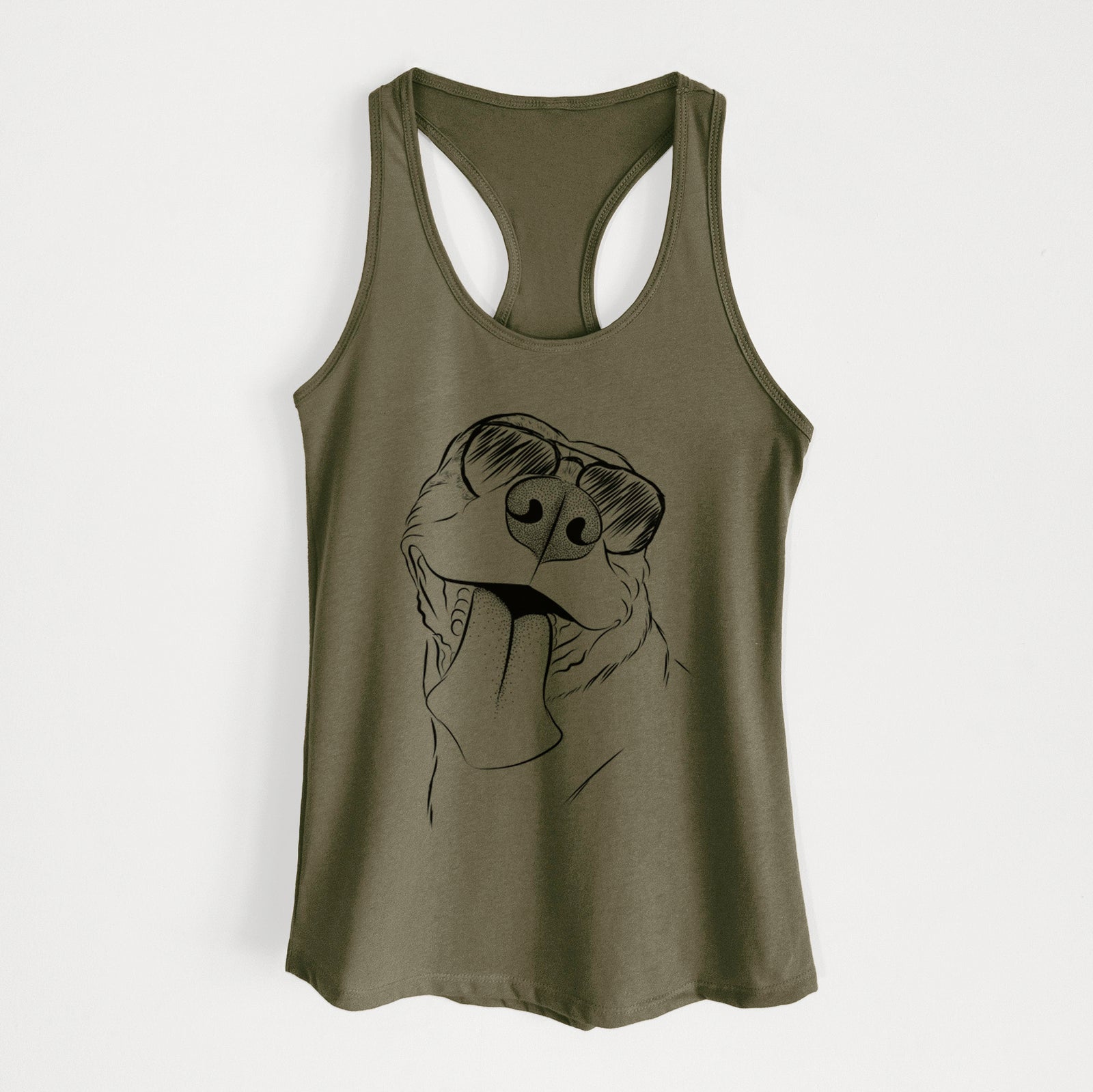 Hand-drawn sketch of Xena the American Staffordshire Terrier wearing aviator sunglasses on a Military Green Women's racerback tanktop