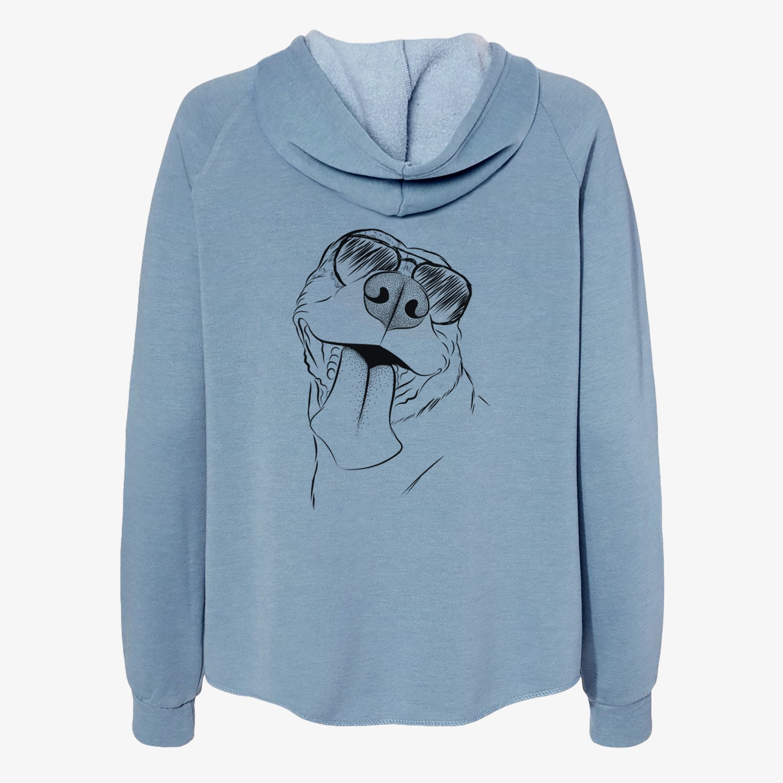 Hand-drawn sketch of Xena the American Staffordshire Terrier wearing aviator sunglasses on a Misty Blue Women's cali wave zip-up sweatshirt