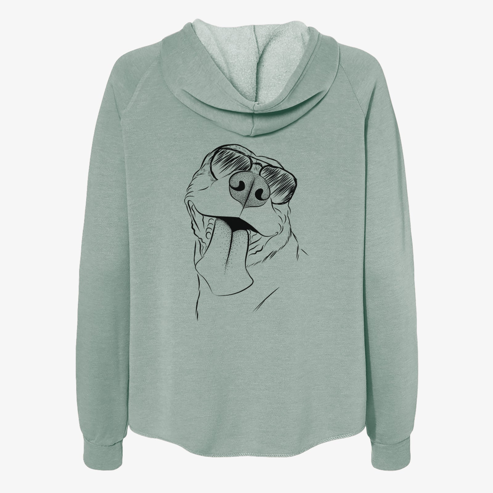 Hand-drawn sketch of Xena the American Staffordshire Terrier wearing aviator sunglasses on a Sage Women's cali wave zip-up sweatshirt
