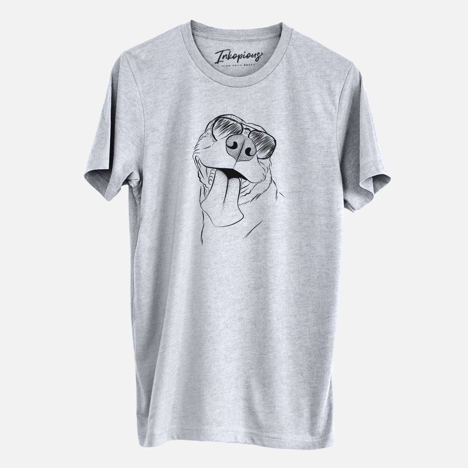 Hand-drawn sketch of Xena the American Staffordshire Terrier wearing aviator sunglasses on a Grey Unisex crewneck