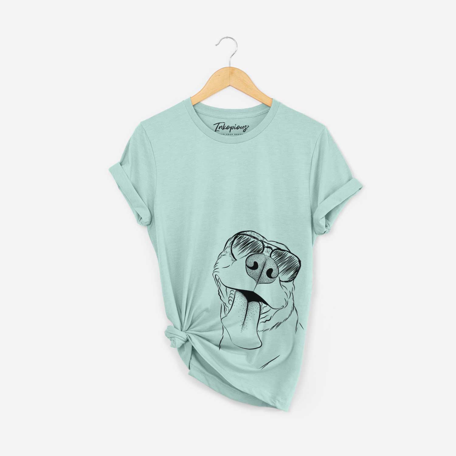 Hand-drawn sketch of Xena the American Staffordshire Terrier wearing aviator sunglasses on a Heather Sage Bella Canvas Unisex Crewneck