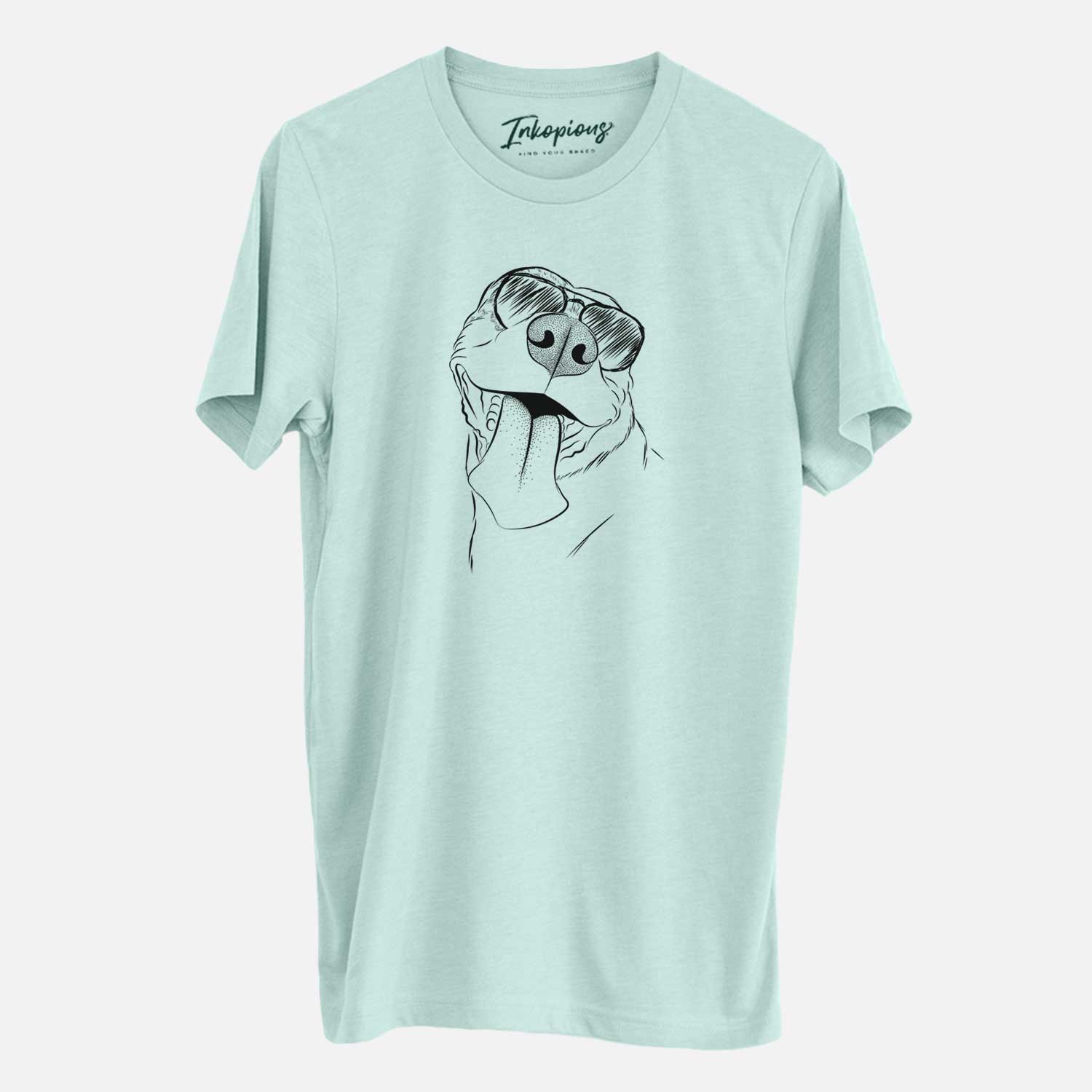 Hand-drawn sketch of Xena the American Staffordshire Terrier wearing aviator sunglasses on a Heather Sage Unisex crewneck