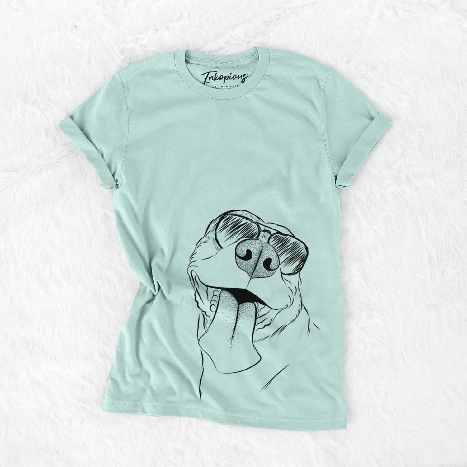 Hand-drawn sketch of Xena the American Staffordshire Terrier wearing aviator sunglasses on a Heather Sage Unisex crewneck