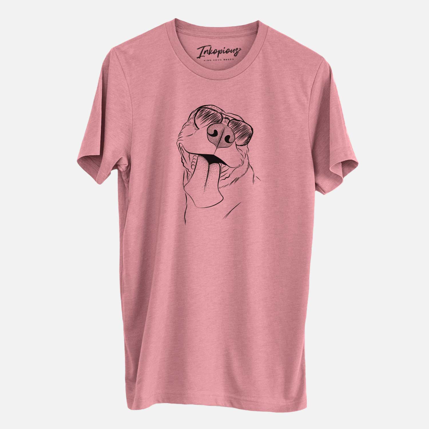 Hand-drawn sketch of Xena the American Staffordshire Terrier wearing aviator sunglasses on a Mauve Unisex crewneck
