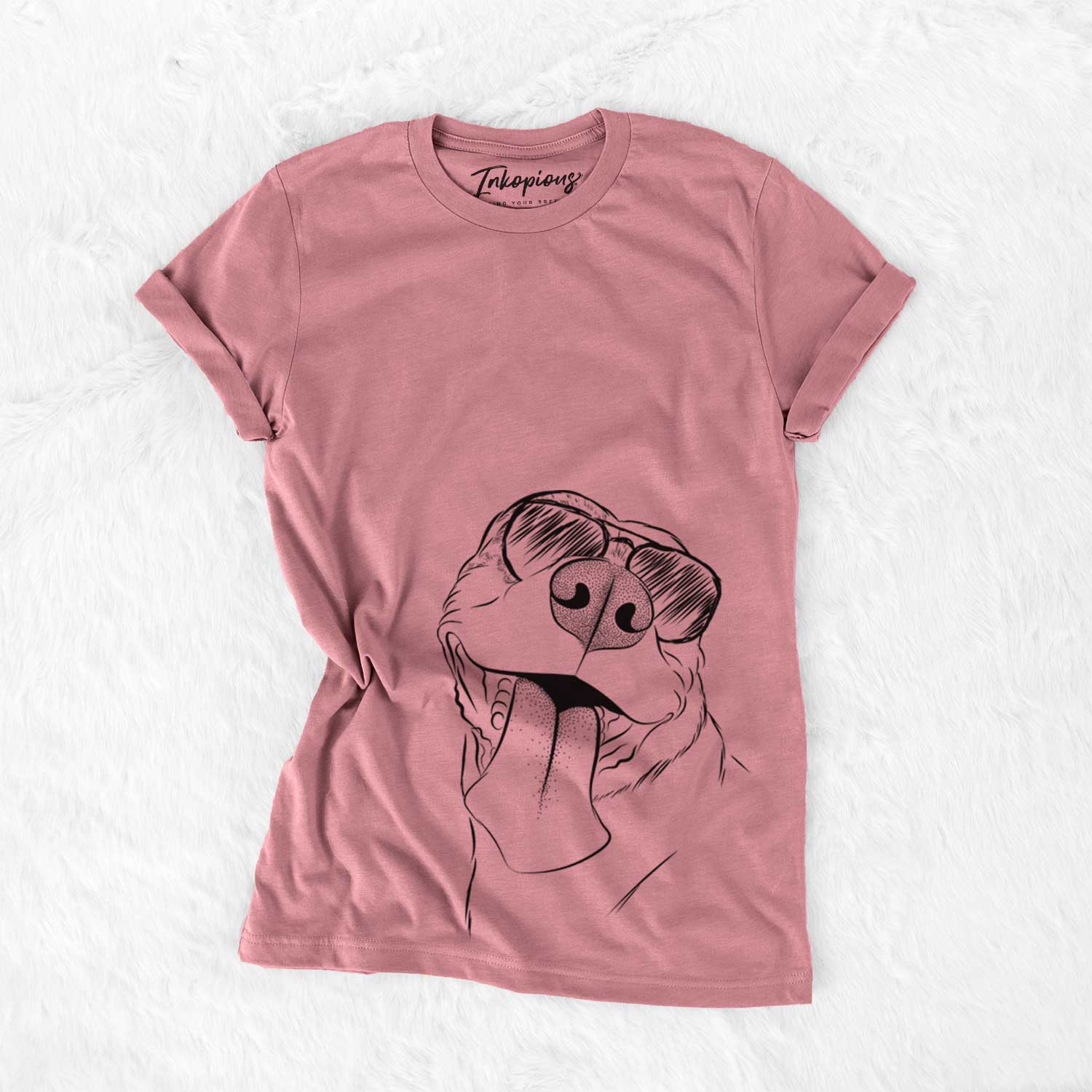 Hand-drawn sketch of Xena the American Staffordshire Terrier wearing aviator sunglasses on a Mauve Unisex crewneck