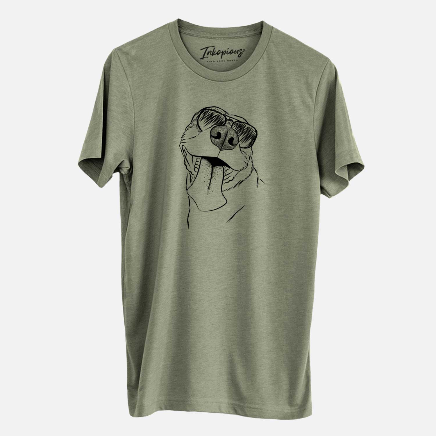 Hand-drawn sketch of Xena the American Staffordshire Terrier wearing aviator sunglasses on an Olive Unisex crewneck