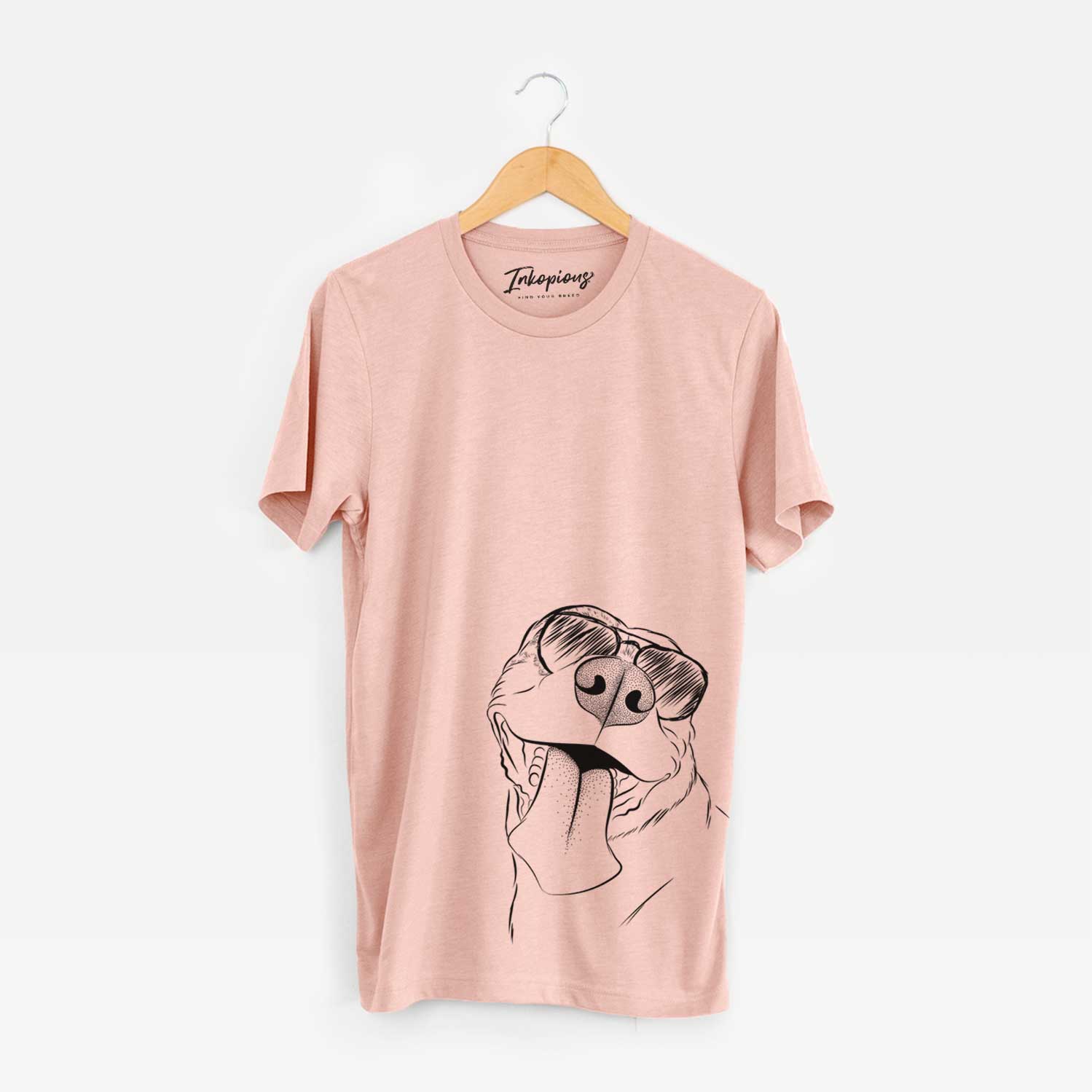 Hand-drawn sketch of Xena the American Staffordshire Terrier wearing aviator sunglasses on a Peach Unisex crewneck