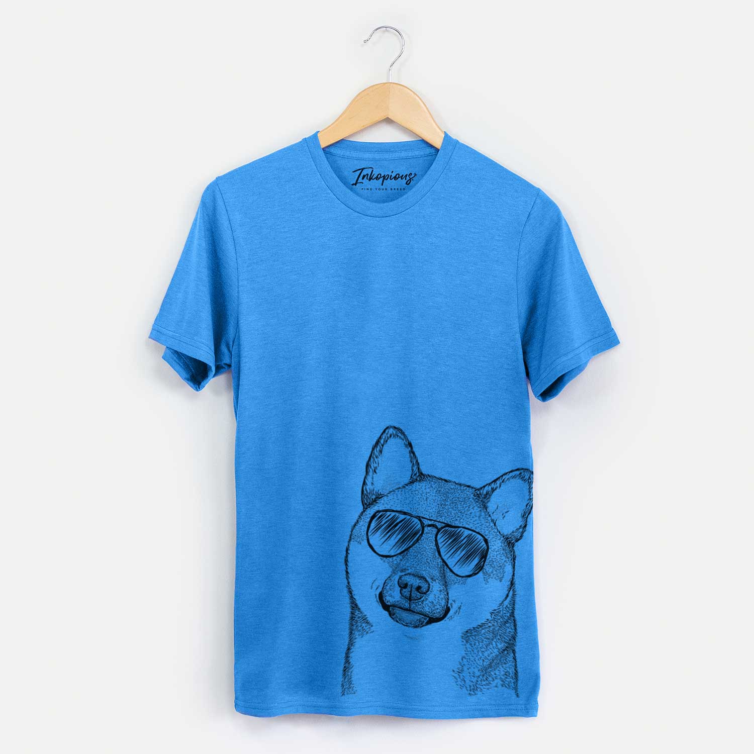 Hand-drawn sketch of Yakuza the Shiba Inu wearing aviator sunglasses on a Blue Unisex crewneck