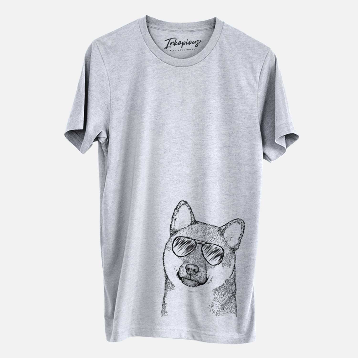 Hand-drawn sketch of Yakuza the Shiba Inu wearing aviator sunglasses on a Grey Unisex crewneck