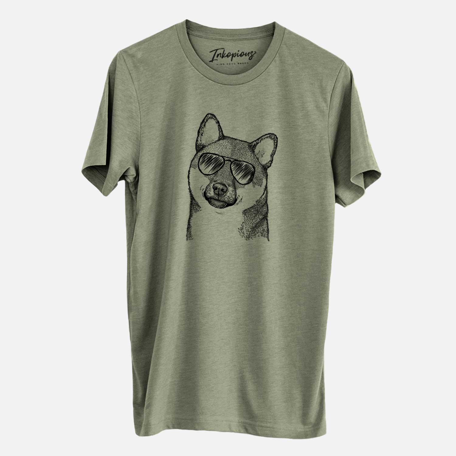 Hand-drawn sketch of Yakuza the Shiba Inu wearing aviator sunglasses on an Olive Unisex crewneck