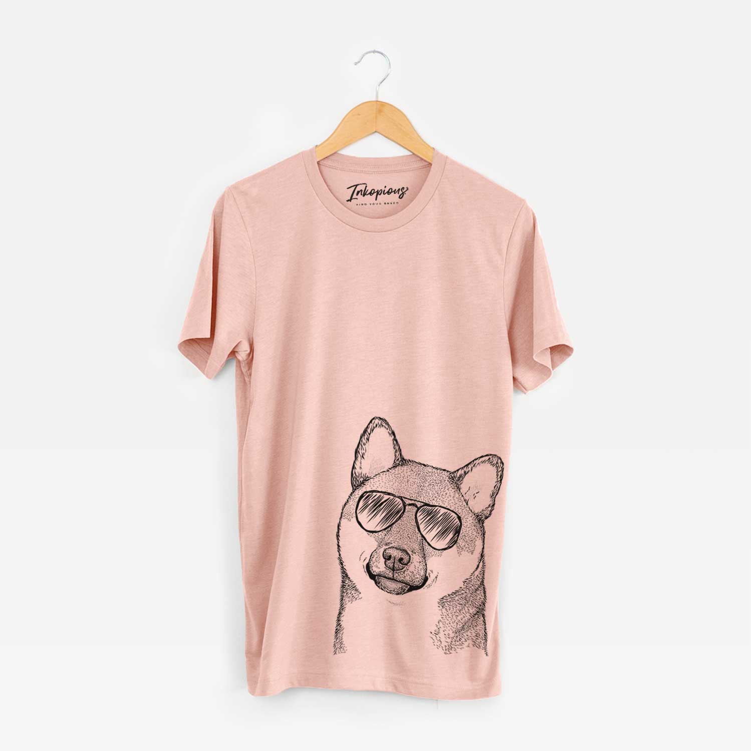 Hand-drawn sketch of Yakuza the Shiba Inu wearing aviator sunglasses on a Peach Bella Canvas Unisex Crewneck