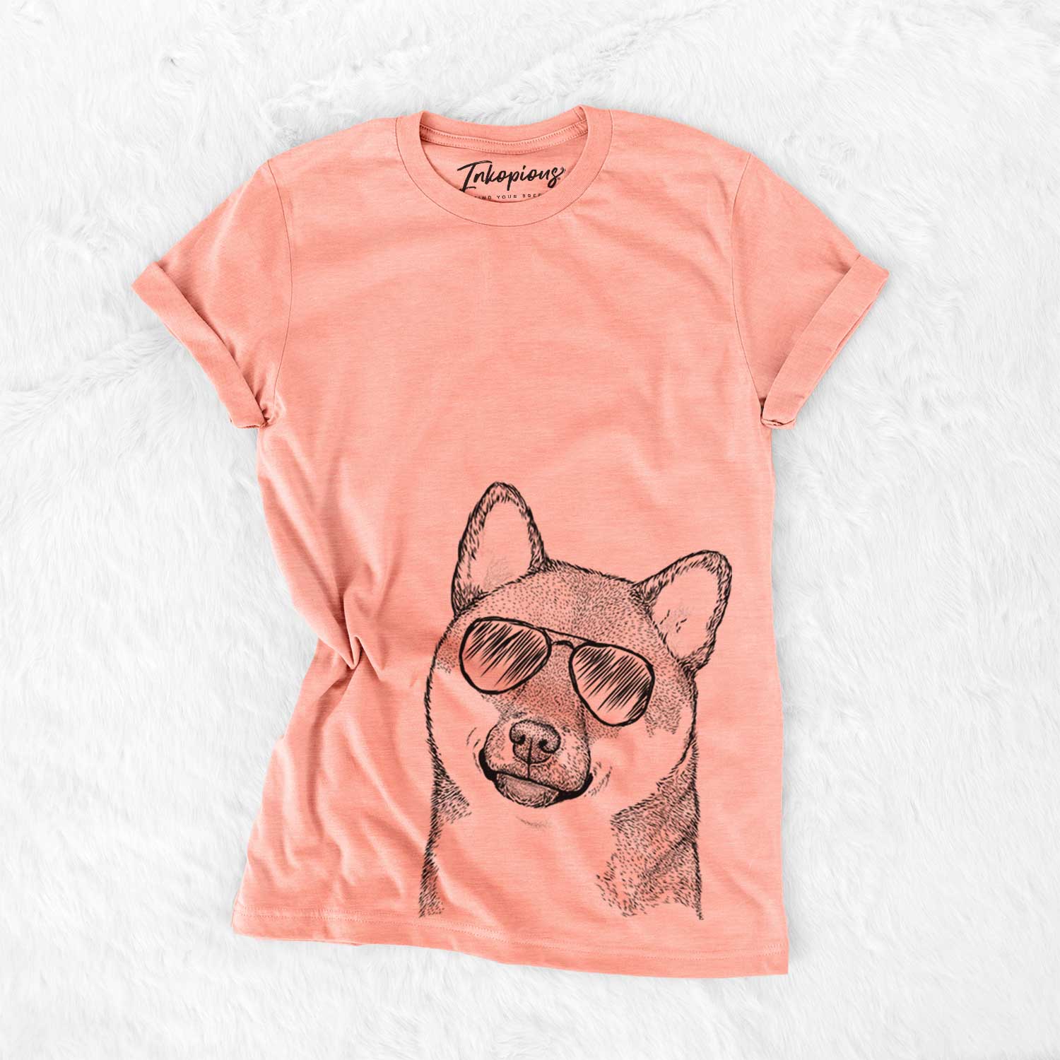 Hand-drawn sketch of Yakuza the Shiba Inu wearing aviator sunglasses on a Sunset Bella Canvas Unisex Crewneck