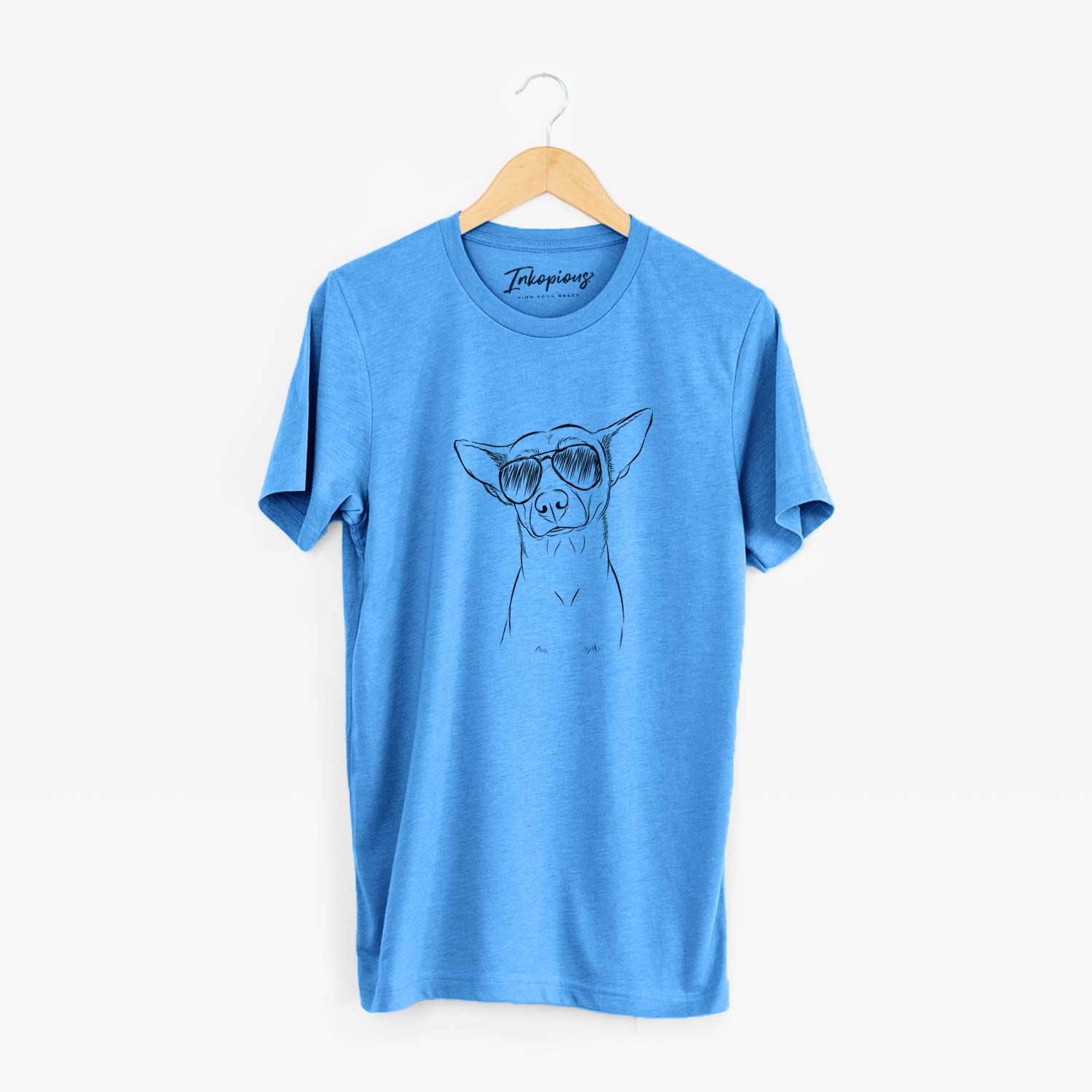 Hand-drawn sketch of Yogi the Mixed Breed wearing aviator sunglasses on a Blue Unisex crewneck