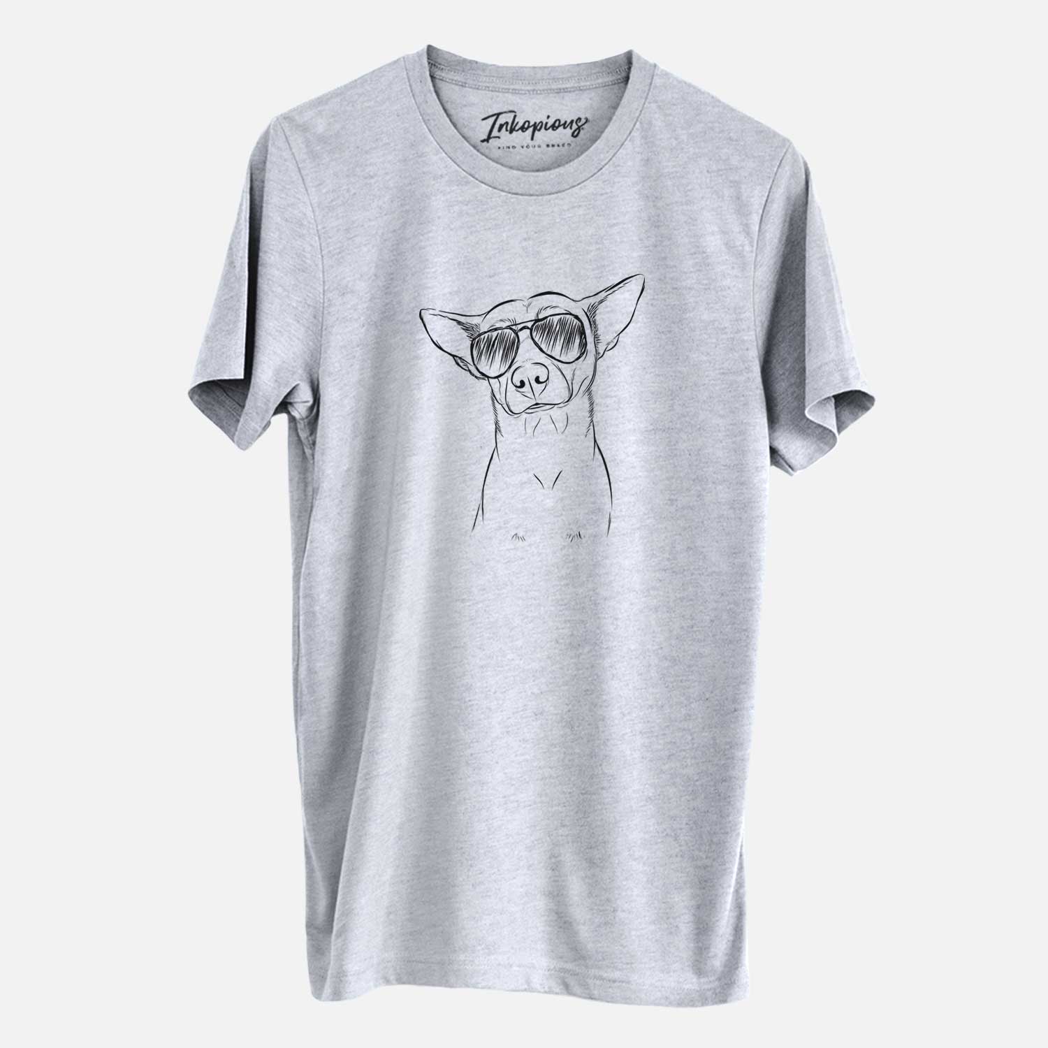 Hand-drawn sketch of Yogi the Mixed Breed wearing aviator sunglasses on a Grey Unisex crewneck