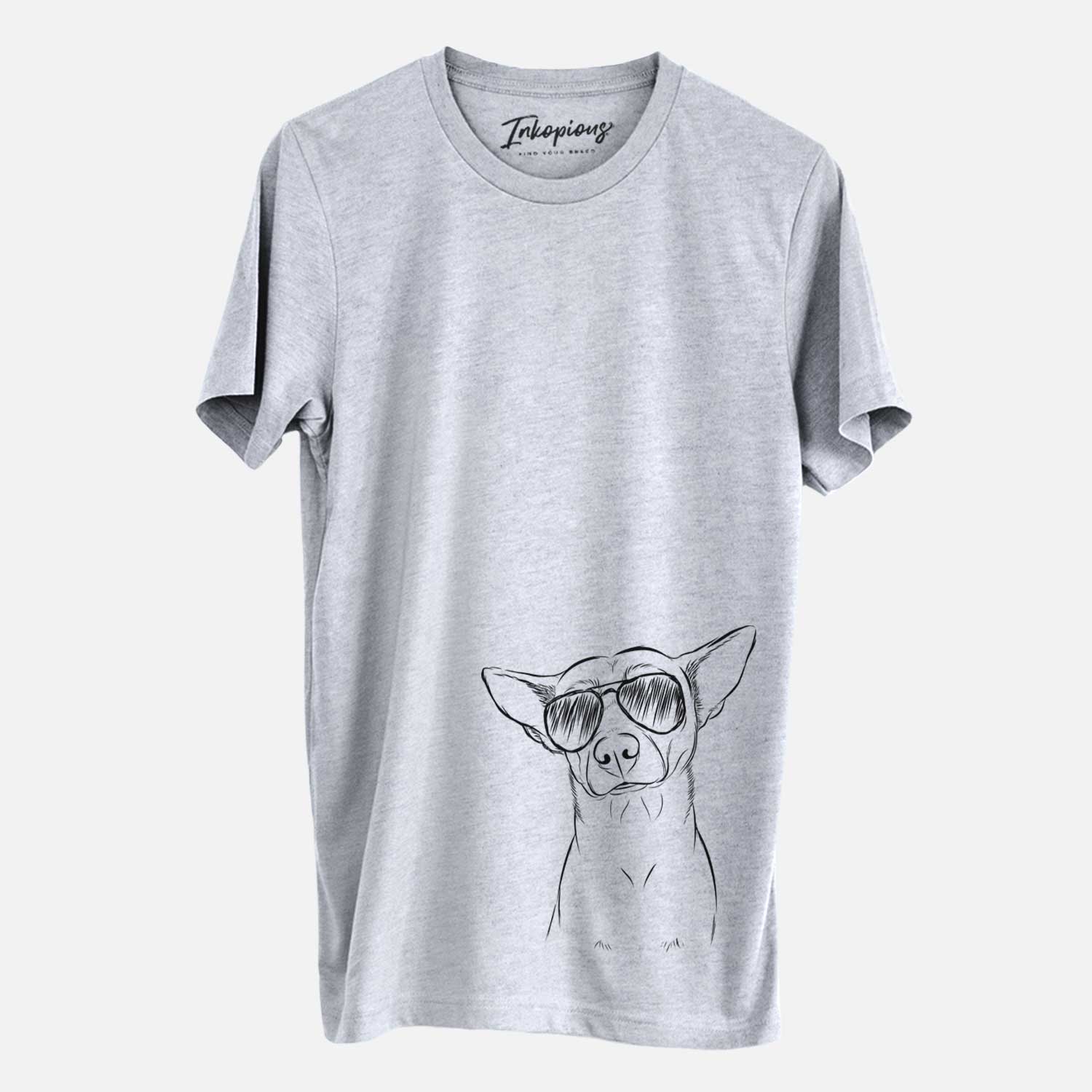 Hand-drawn sketch of Yogi the Mixed Breed wearing aviator sunglasses on a Grey Unisex crewneck