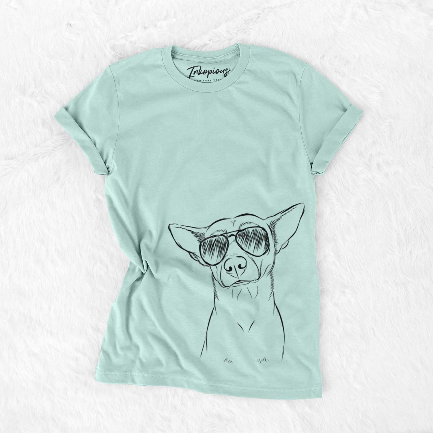 Hand-drawn sketch of Yogi the Mixed Breed wearing aviator sunglasses on a Heather Sage Unisex crewneck