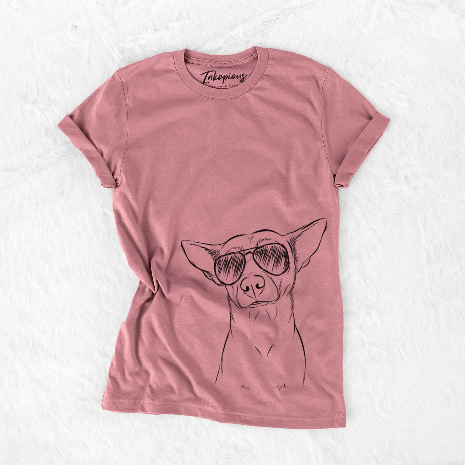 Hand-drawn sketch of Yogi the Mixed Breed wearing aviator sunglasses on a Mauve Unisex crewneck