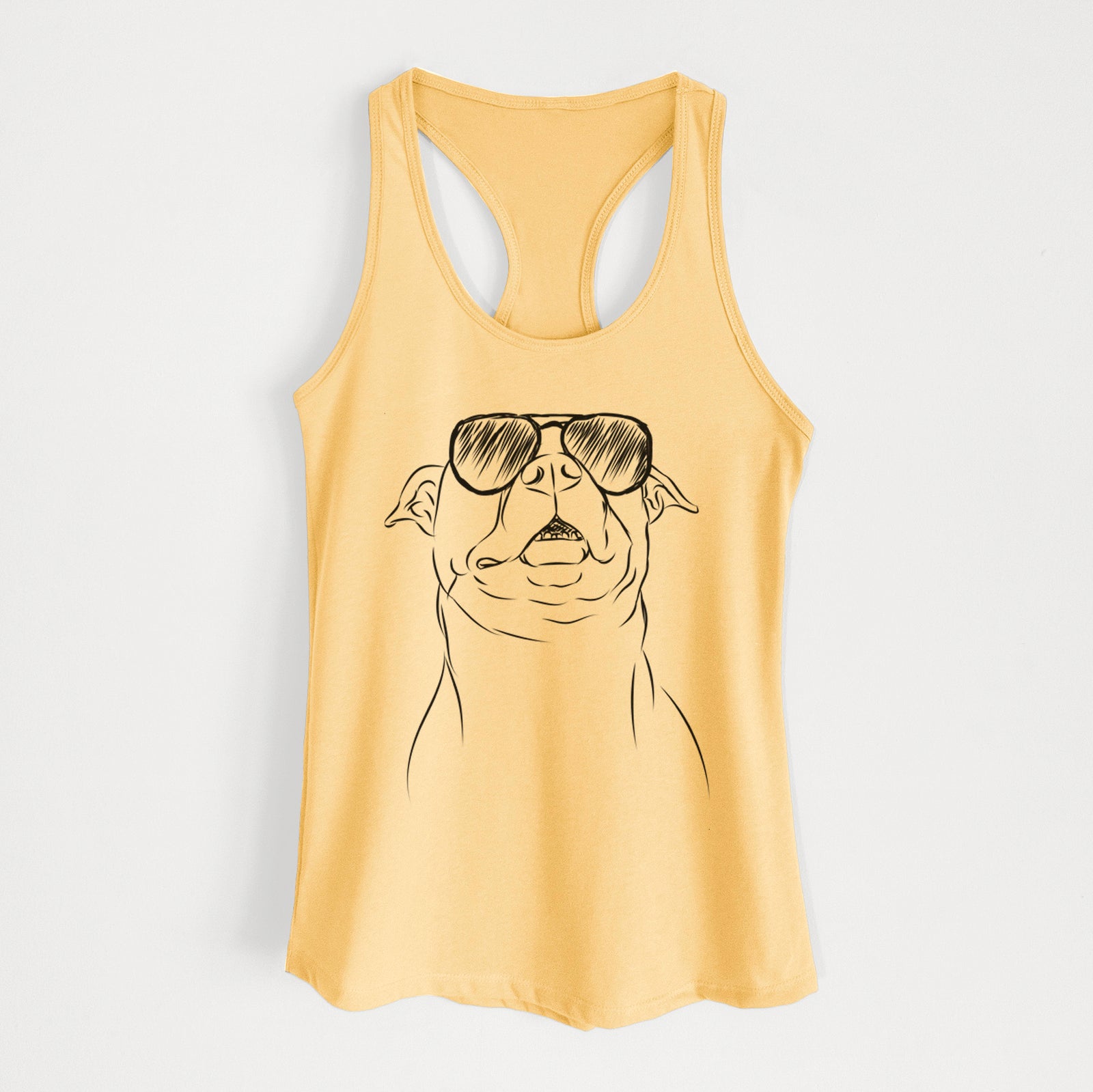 Hand-drawn sketch of Zada the Pitbull wearing aviator sunglasses on a Banana Cream Women's racerback tanktop