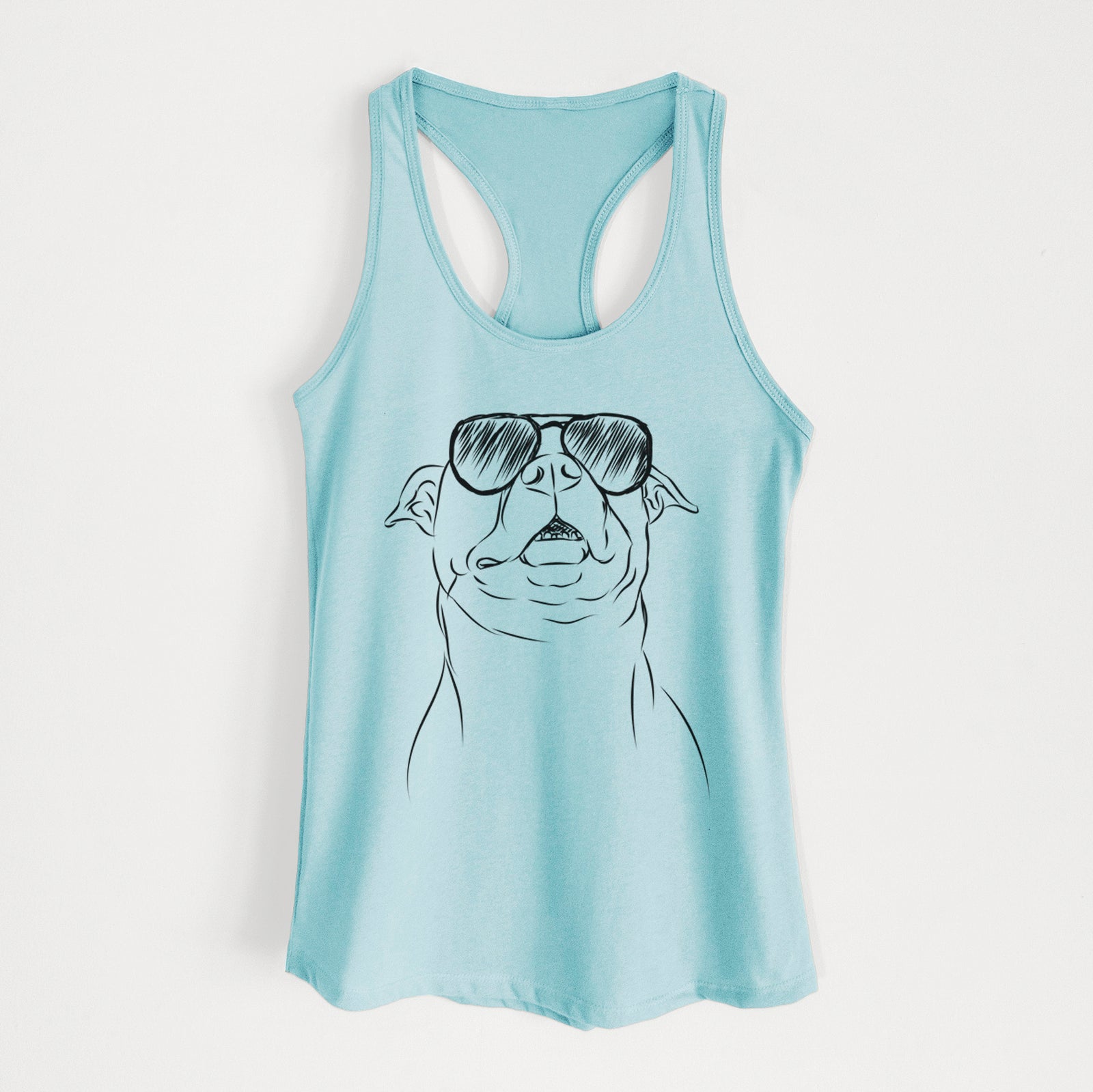 Hand-drawn sketch of Zada the Pitbull wearing aviator sunglasses on a Cancun Blue Women's racerback tanktop