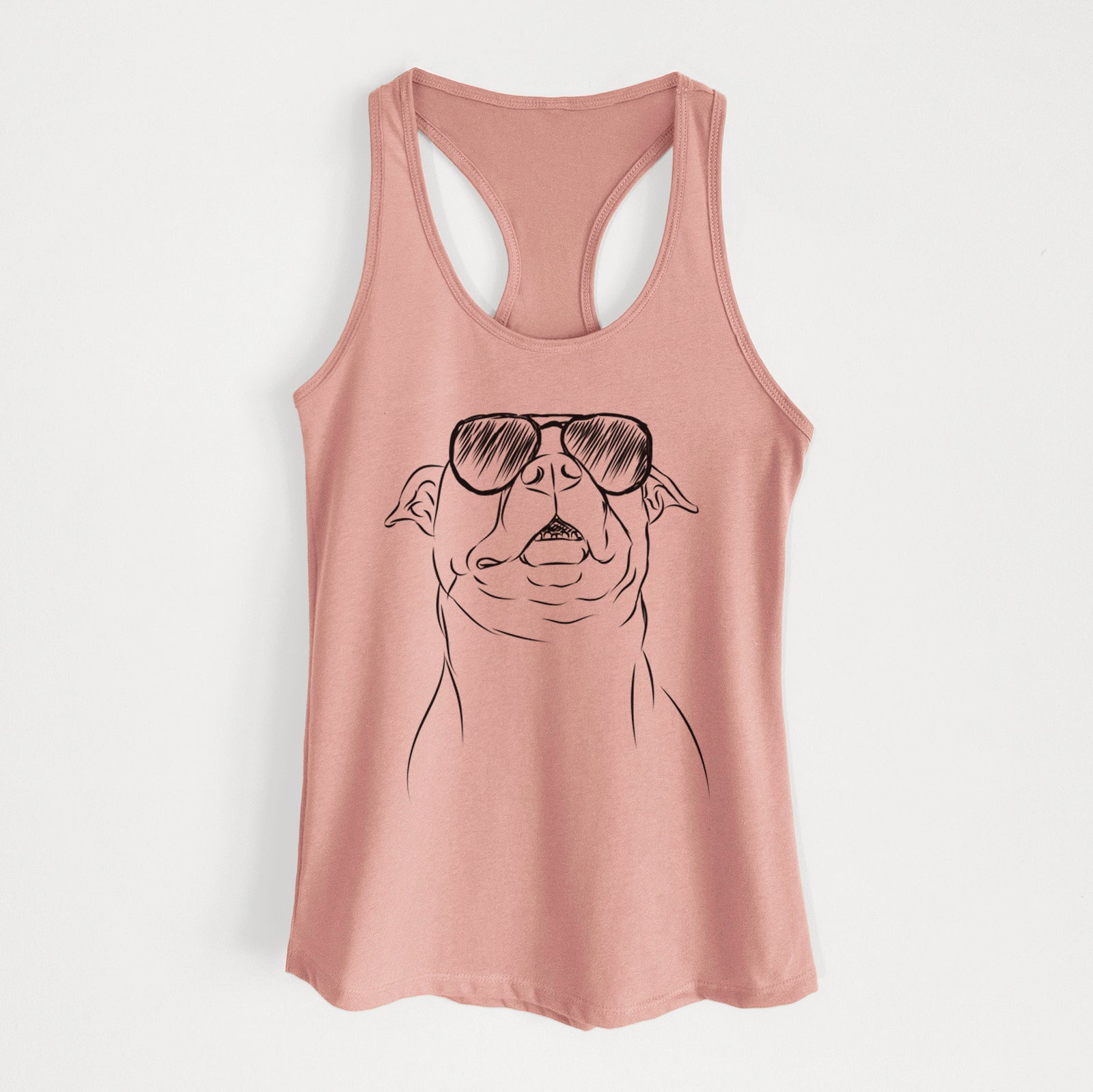 Hand-drawn sketch of Zada the Pitbull wearing aviator sunglasses on a Desert Pink Women's racerback tanktop
