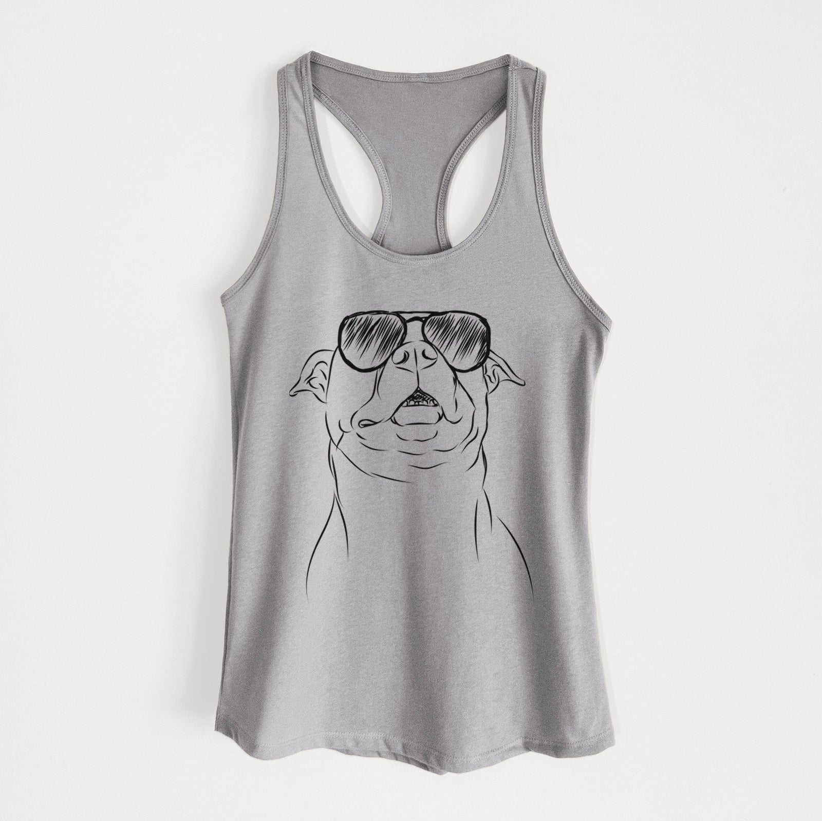 Hand-drawn sketch of Zada the Pitbull wearing aviator sunglasses on a Heather Grey Women's racerback tanktop