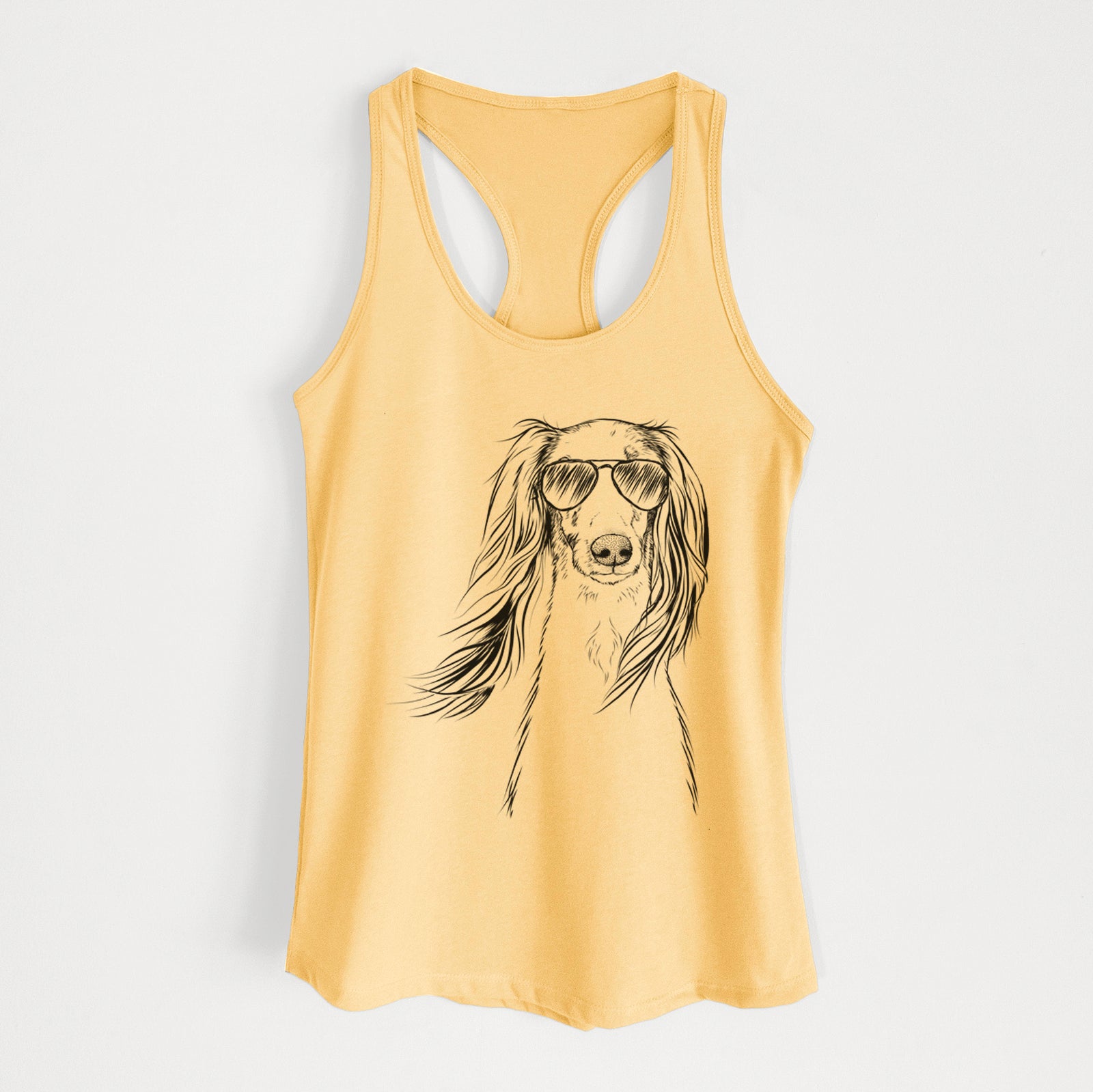 Hand-drawn sketch of Zahra the Saluki wearing aviator sunglasses on a Banana Cream Women's racerback tanktop