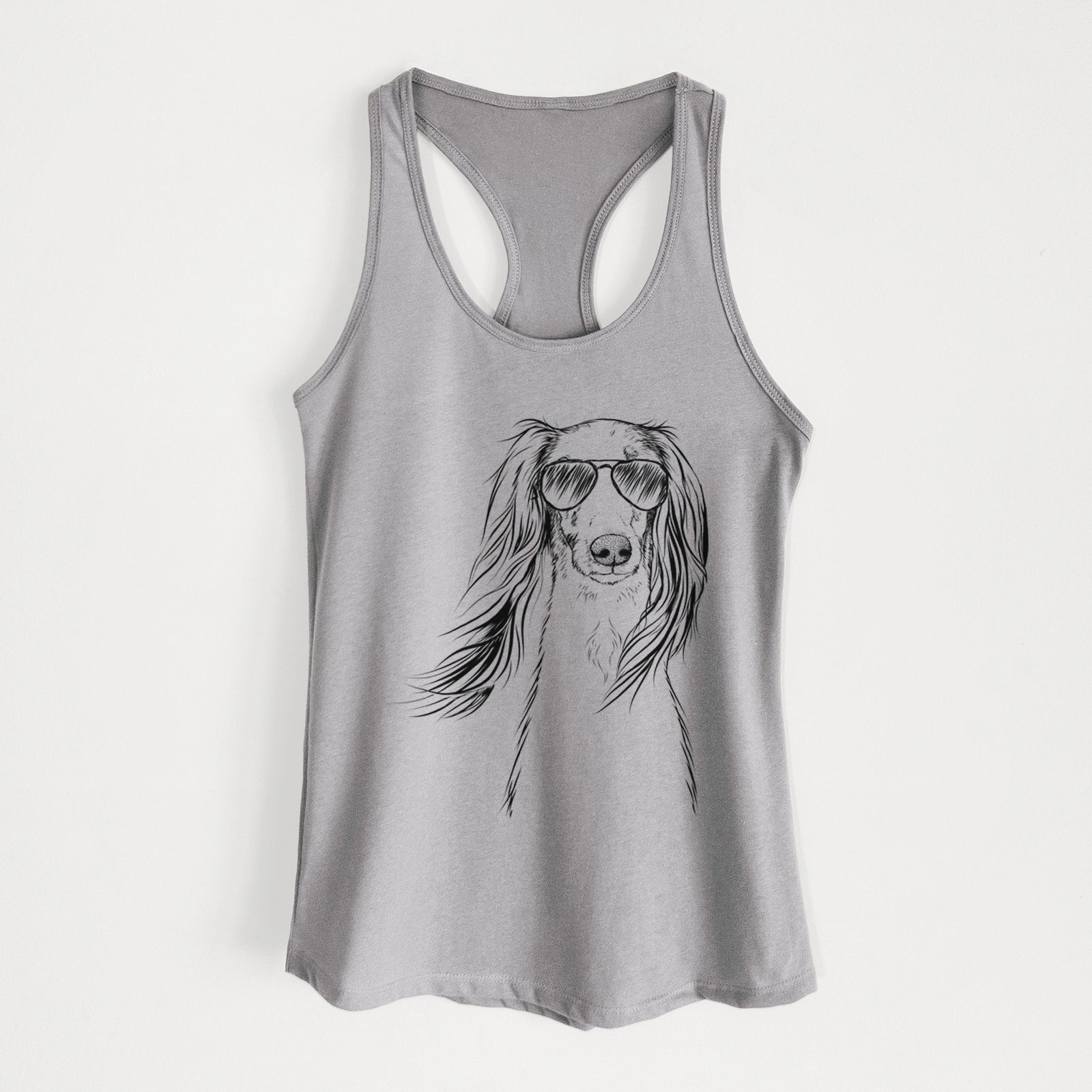 Hand-drawn sketch of Zahra the Saluki wearing aviator sunglasses on a Heather Grey Women's racerback tanktop