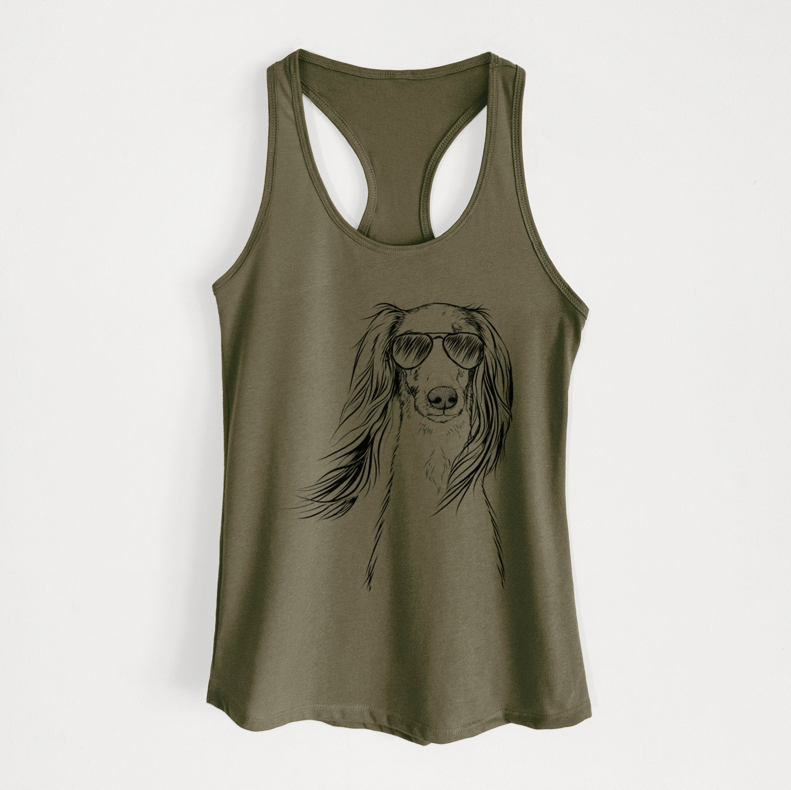 Hand-drawn sketch of Zahra the Saluki wearing aviator sunglasses on a Military Green Women's racerback tanktop