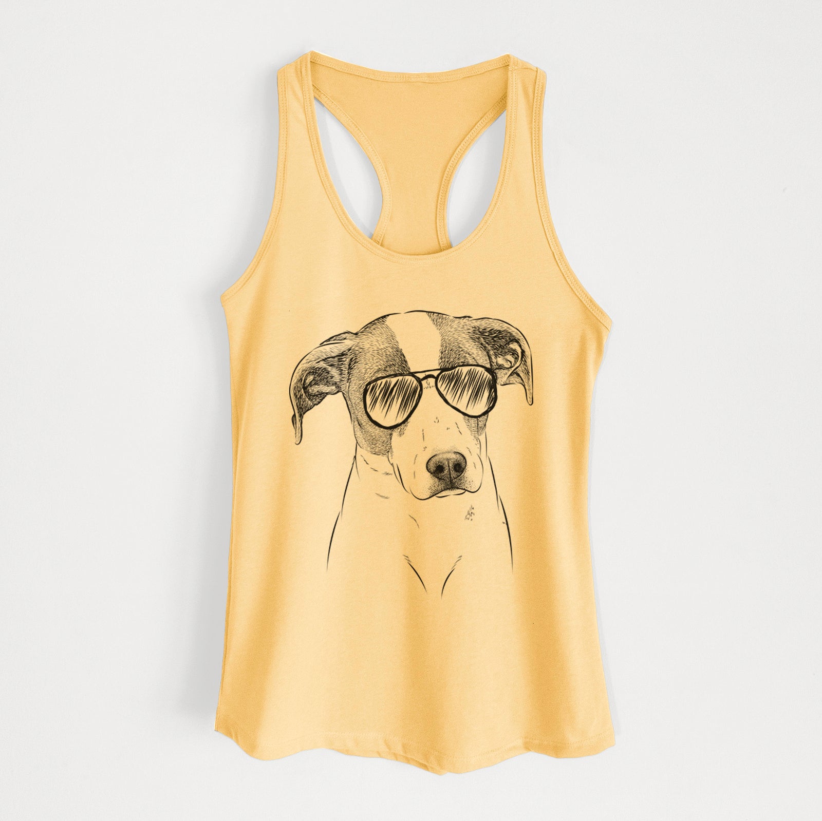 Hand-drawn sketch of Zephyr the Pointer Mix wearing aviator sunglasses on a Banana Cream Women's racerback tanktop