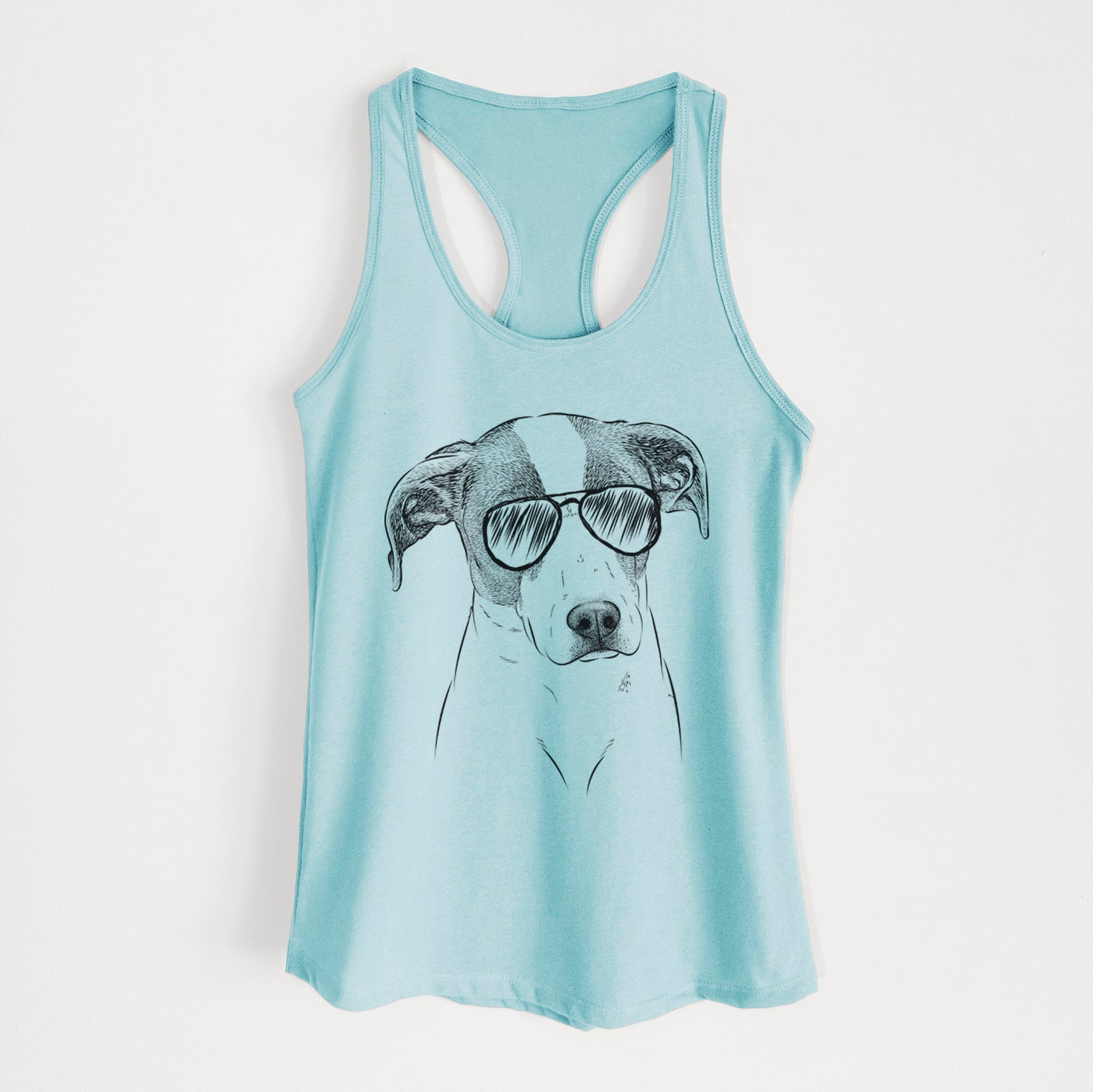 Hand-drawn sketch of Zephyr the Pointer Mix wearing aviator sunglasses on a Cancun Blue Women's racerback tanktop