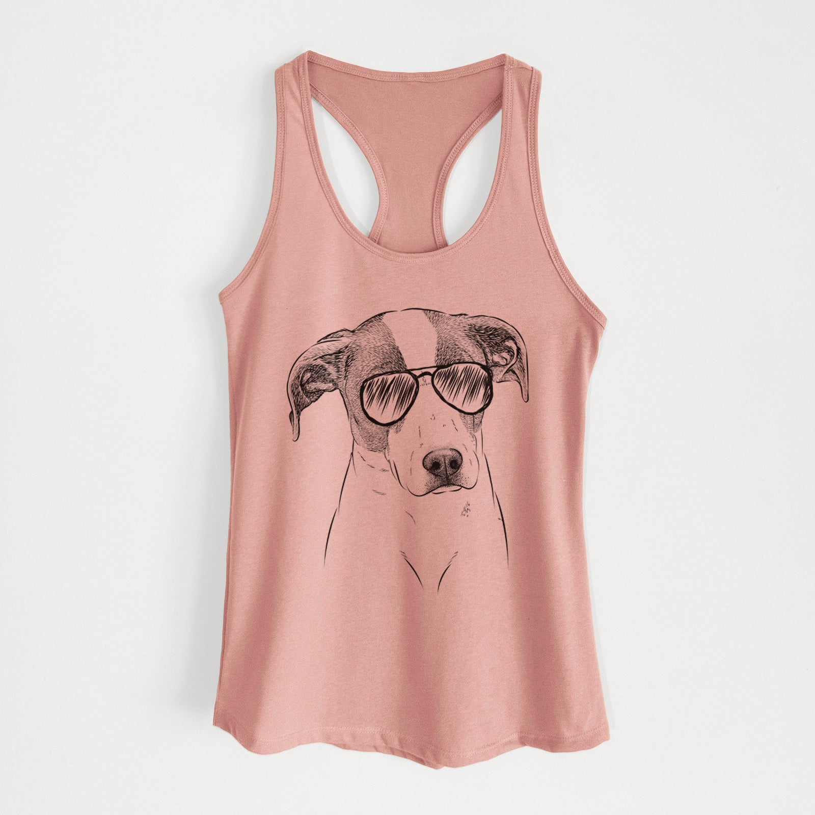 Hand-drawn sketch of Zephyr the Pointer Mix wearing aviator sunglasses on a Desert Pink Women's racerback tanktop