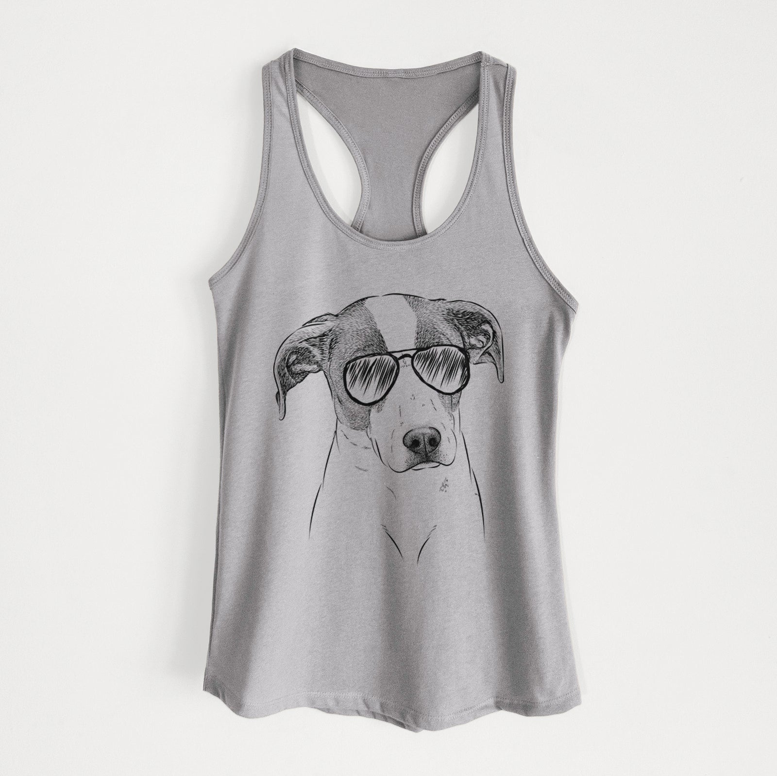 Hand-drawn sketch of Zephyr the Pointer Mix wearing aviator sunglasses on a Heather Grey Women's racerback tanktop