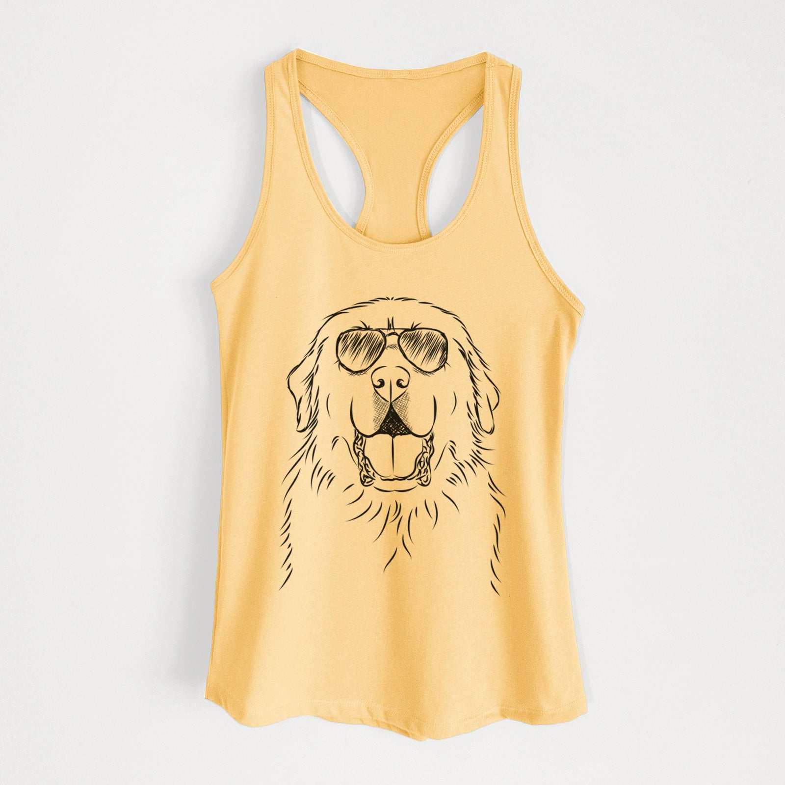 Hand-drawn sketch of Zeus the Great Pyrenees wearing aviator sunglasses on a Banana Cream Women's racerback tanktop