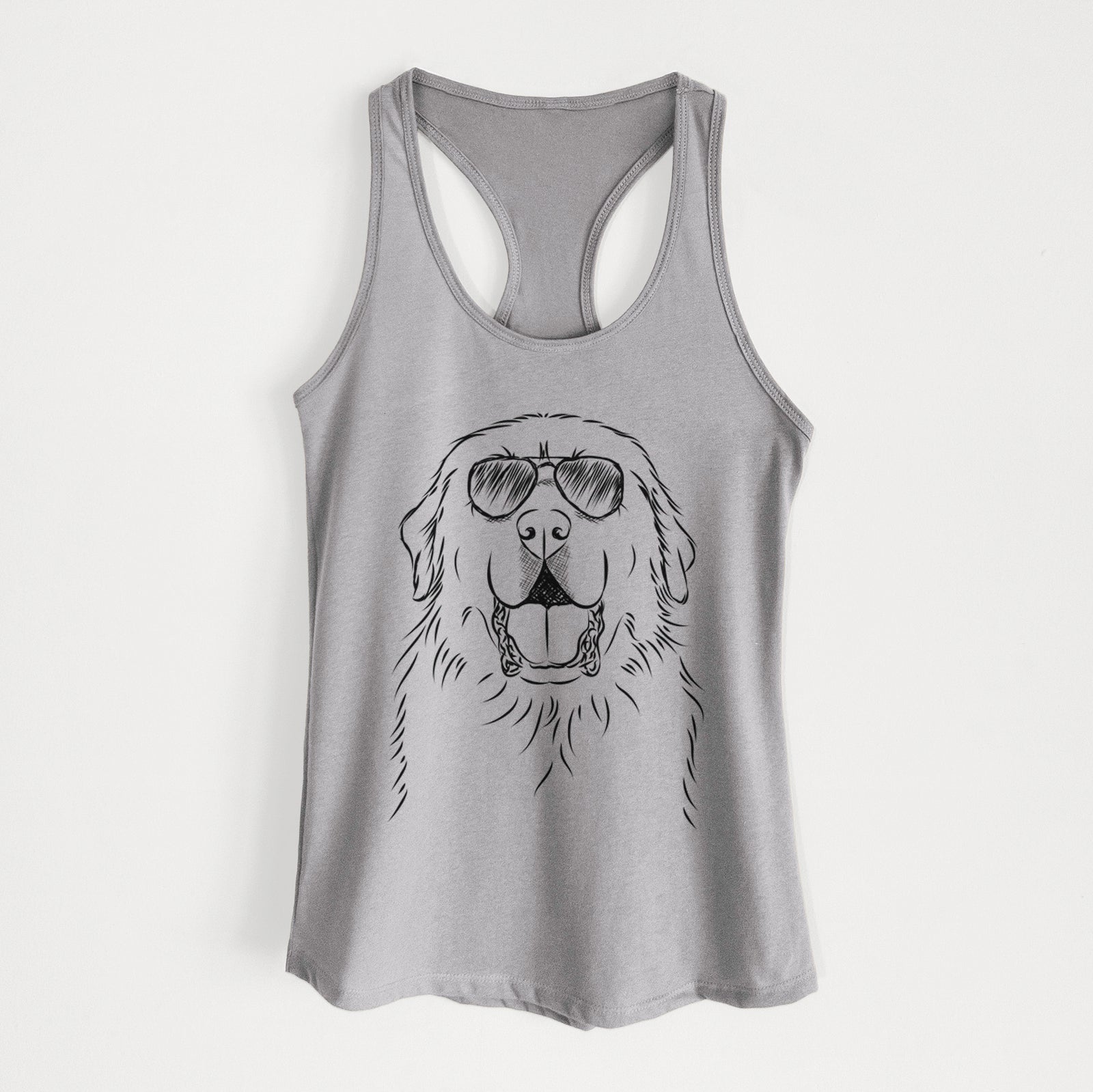 Hand-drawn sketch of Zeus the Great Pyrenees wearing aviator sunglasses on a Heather Grey Women's racerback tanktop