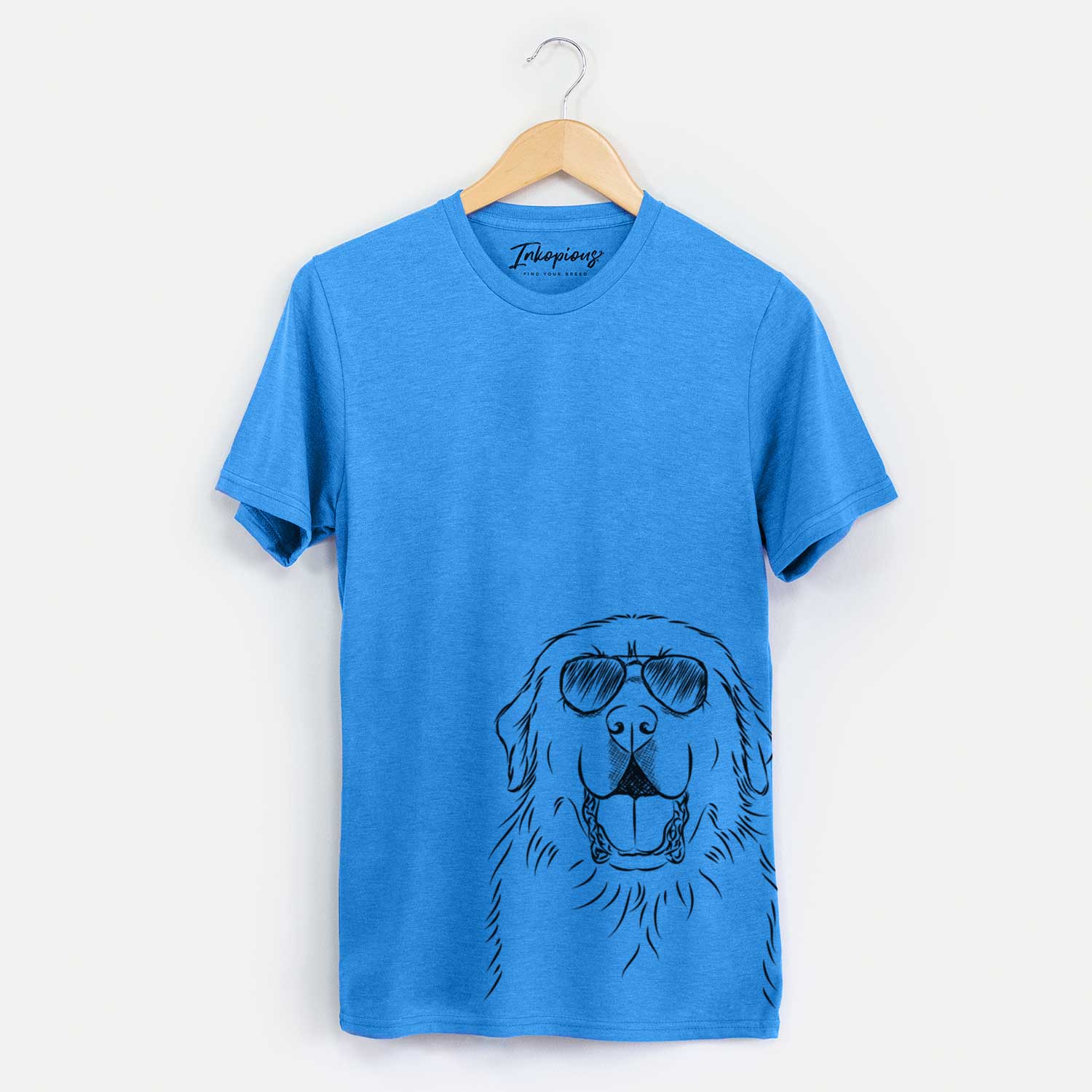 Hand-drawn sketch of Zeus the Great Pyrenees wearing aviator sunglasses on a Blue Unisex crewneck