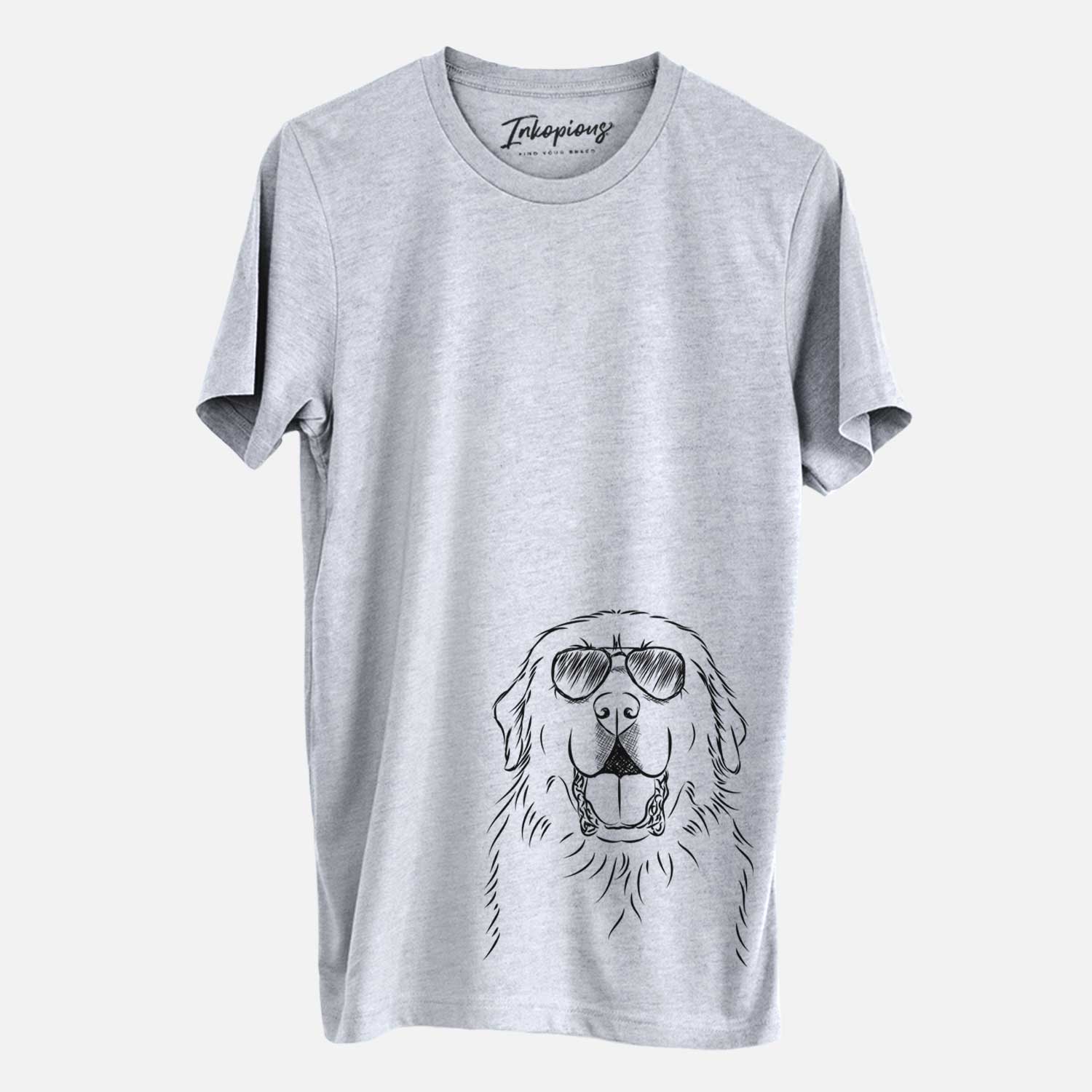 Hand-drawn sketch of Zeus the Great Pyrenees wearing aviator sunglasses on a Grey Unisex crewneck
