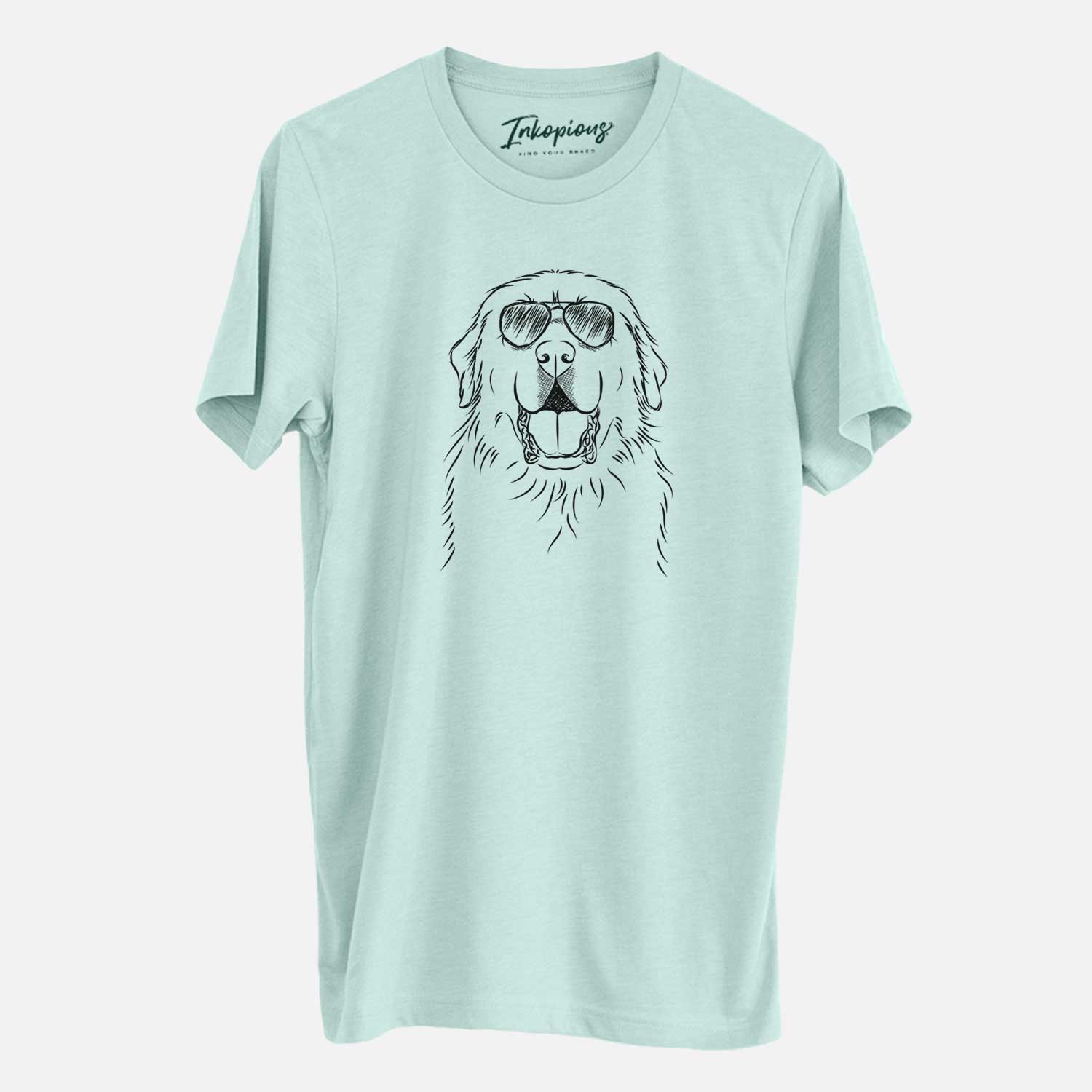 Hand-drawn sketch of Zeus the Great Pyrenees wearing aviator sunglasses on a Heather Sage Unisex crewneck