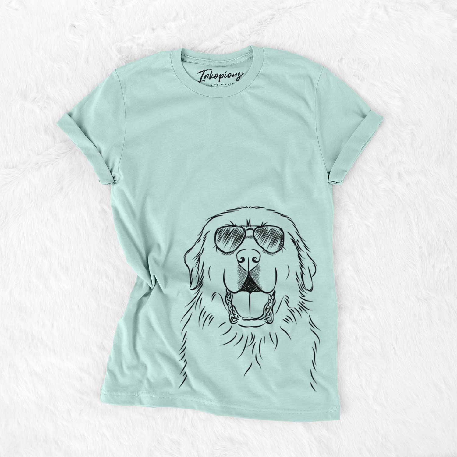 Hand-drawn sketch of Zeus the Great Pyrenees wearing aviator sunglasses on a Heather Sage Unisex crewneck