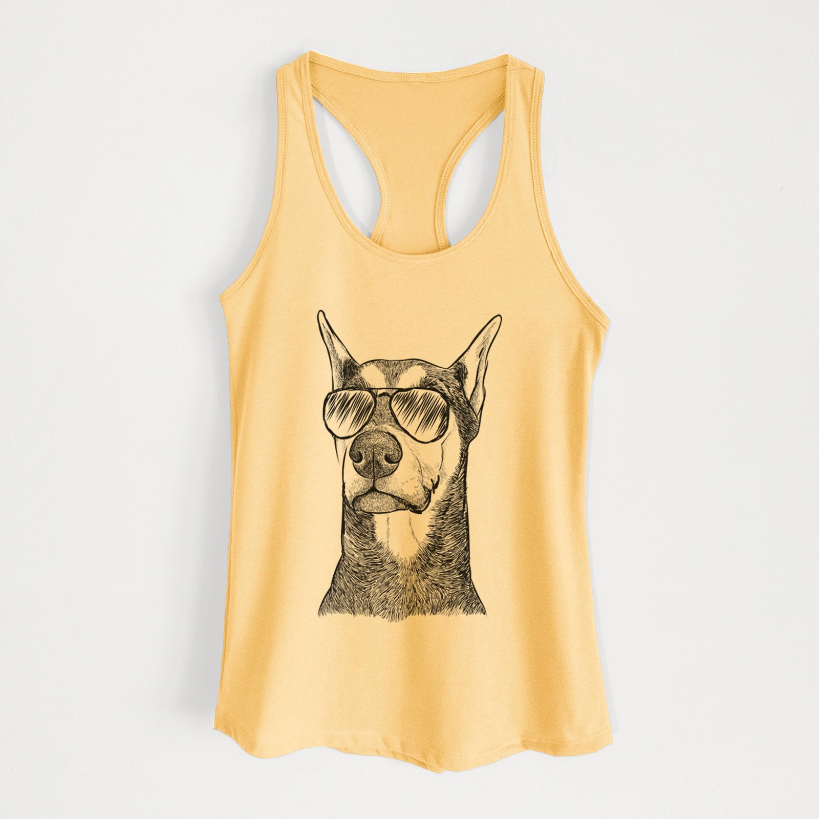 Hand-drawn sketch of Zeus the Doberman Pinscher wearing aviator sunglasses on a Banana Cream Women's racerback tanktop
