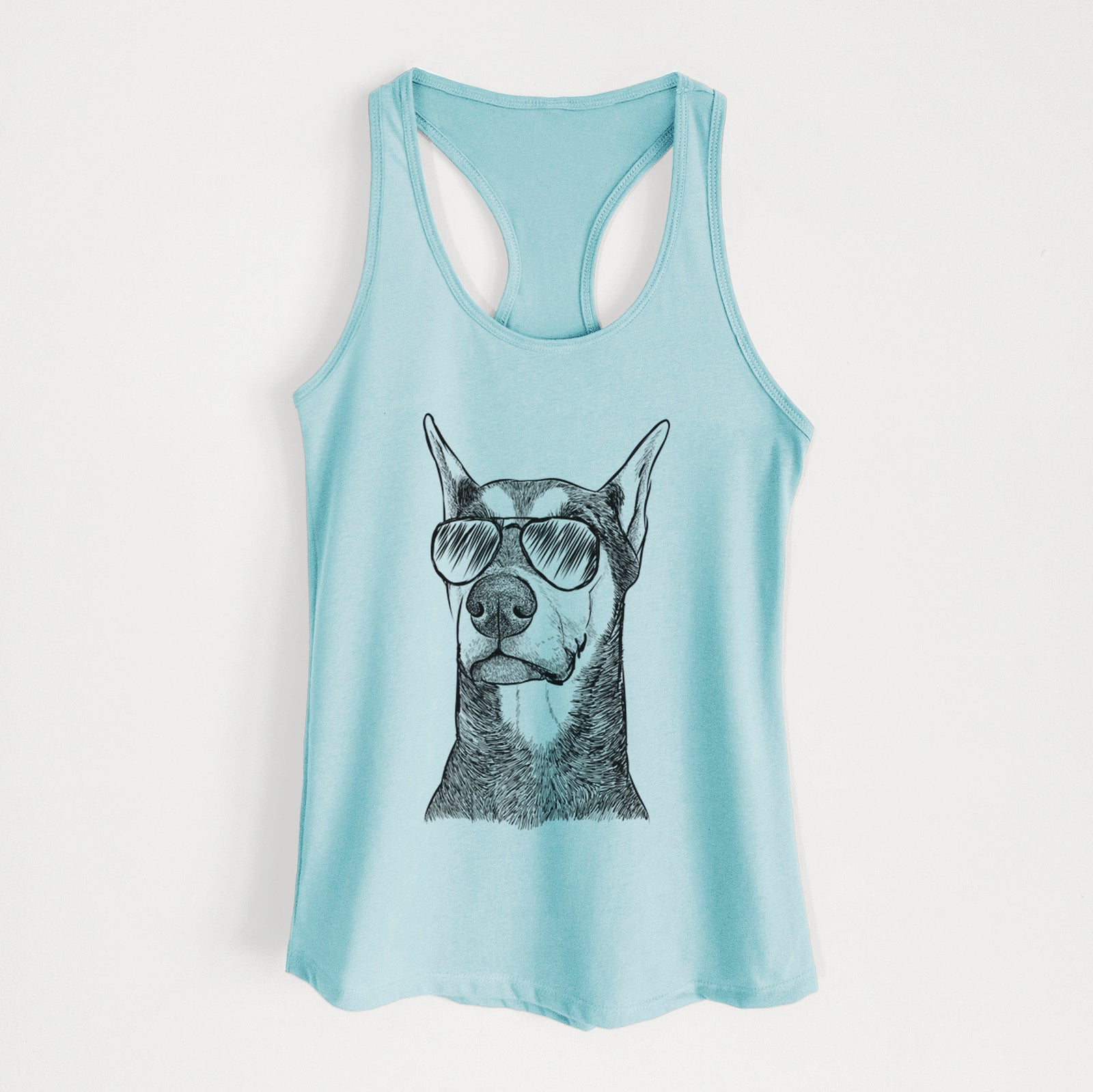 Hand-drawn sketch of Zeus the Doberman Pinscher wearing aviator sunglasses on a Cancun Blue Women's racerback tanktop