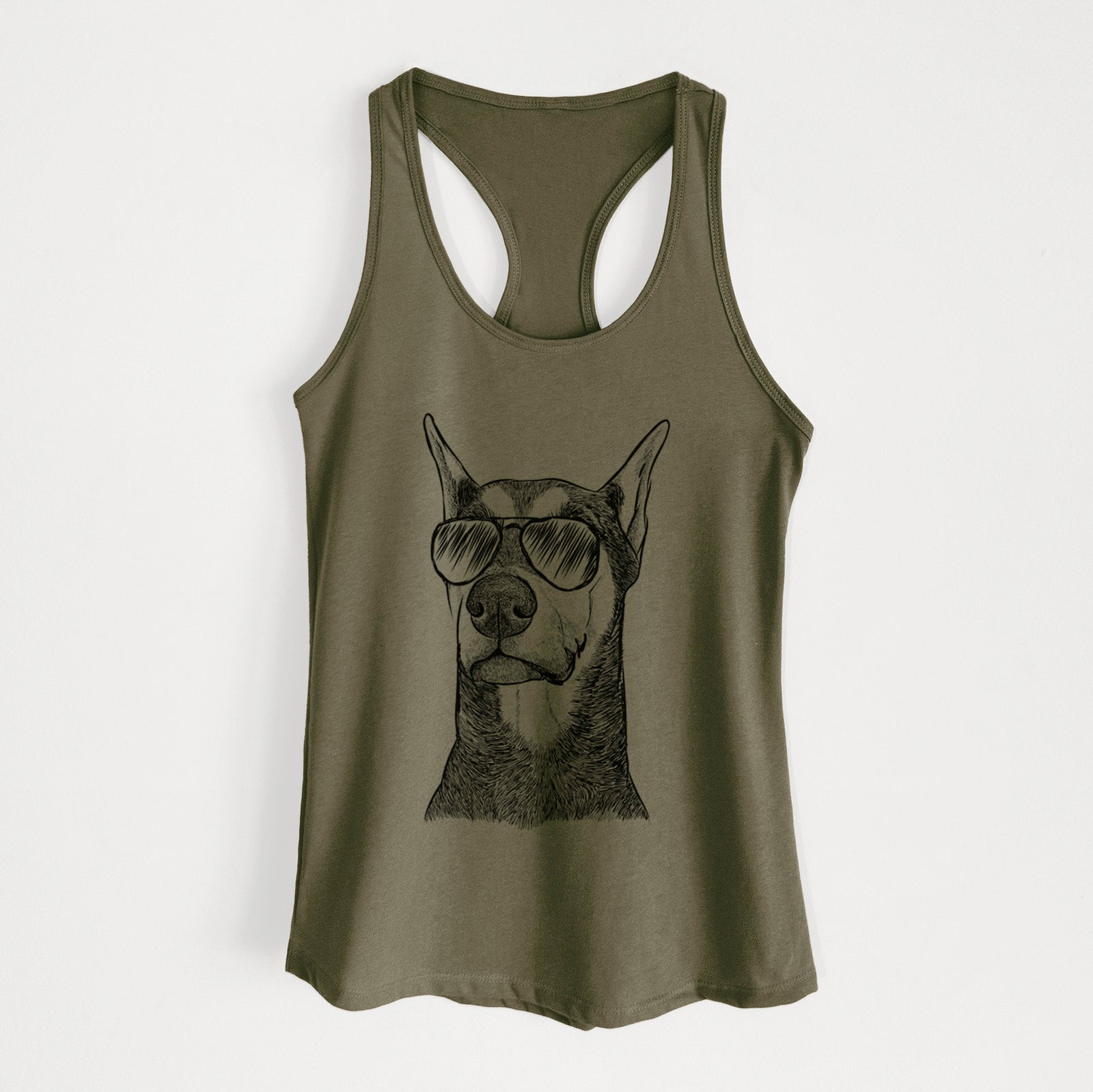 Hand-drawn sketch of Zeus the Doberman Pinscher wearing aviator sunglasses on a Military Green Women's racerback tanktop