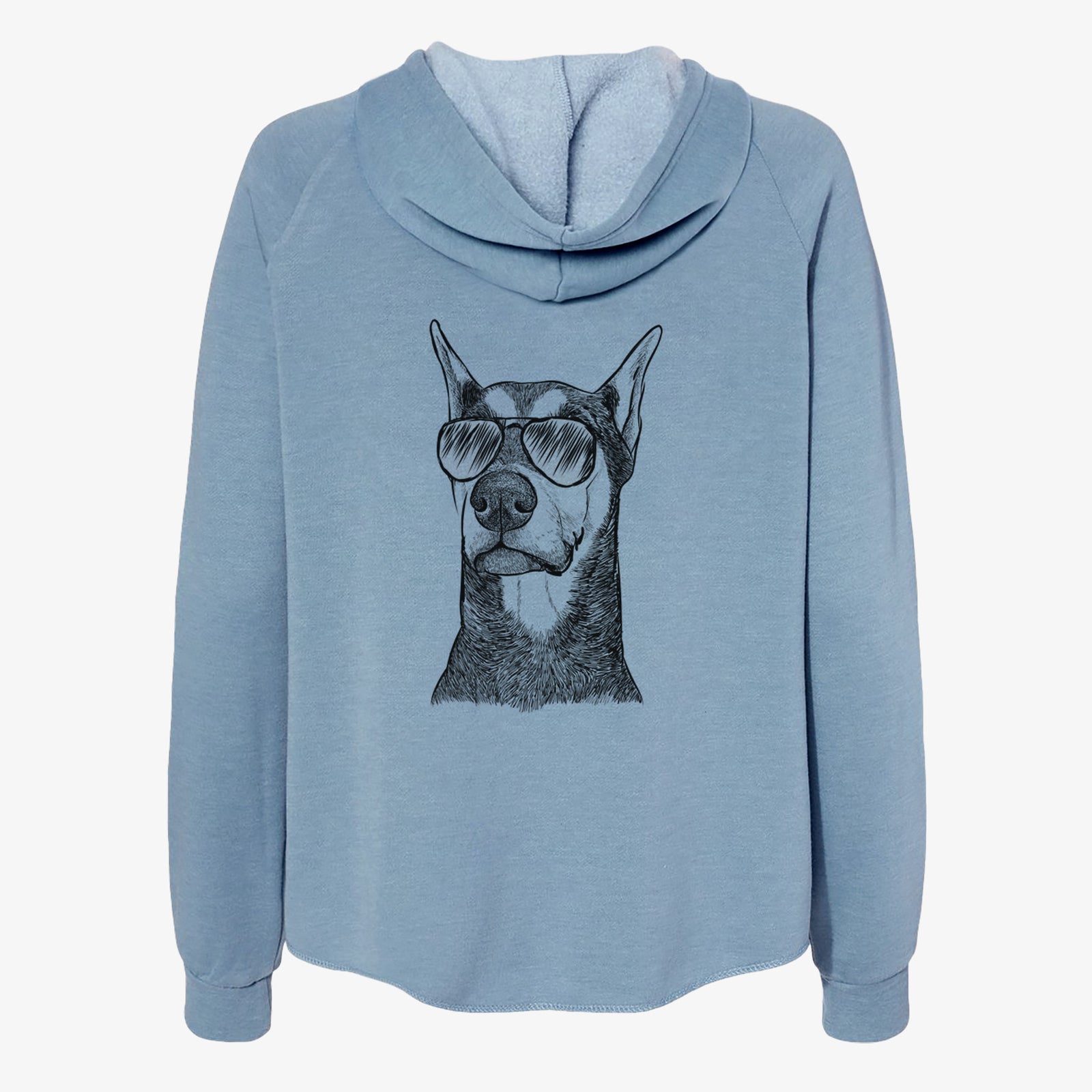 Hand-drawn sketch of Zeus the Doberman Pinscher wearing aviator sunglasses on a Misty Blue Women's cali wave zip-up sweatshirt