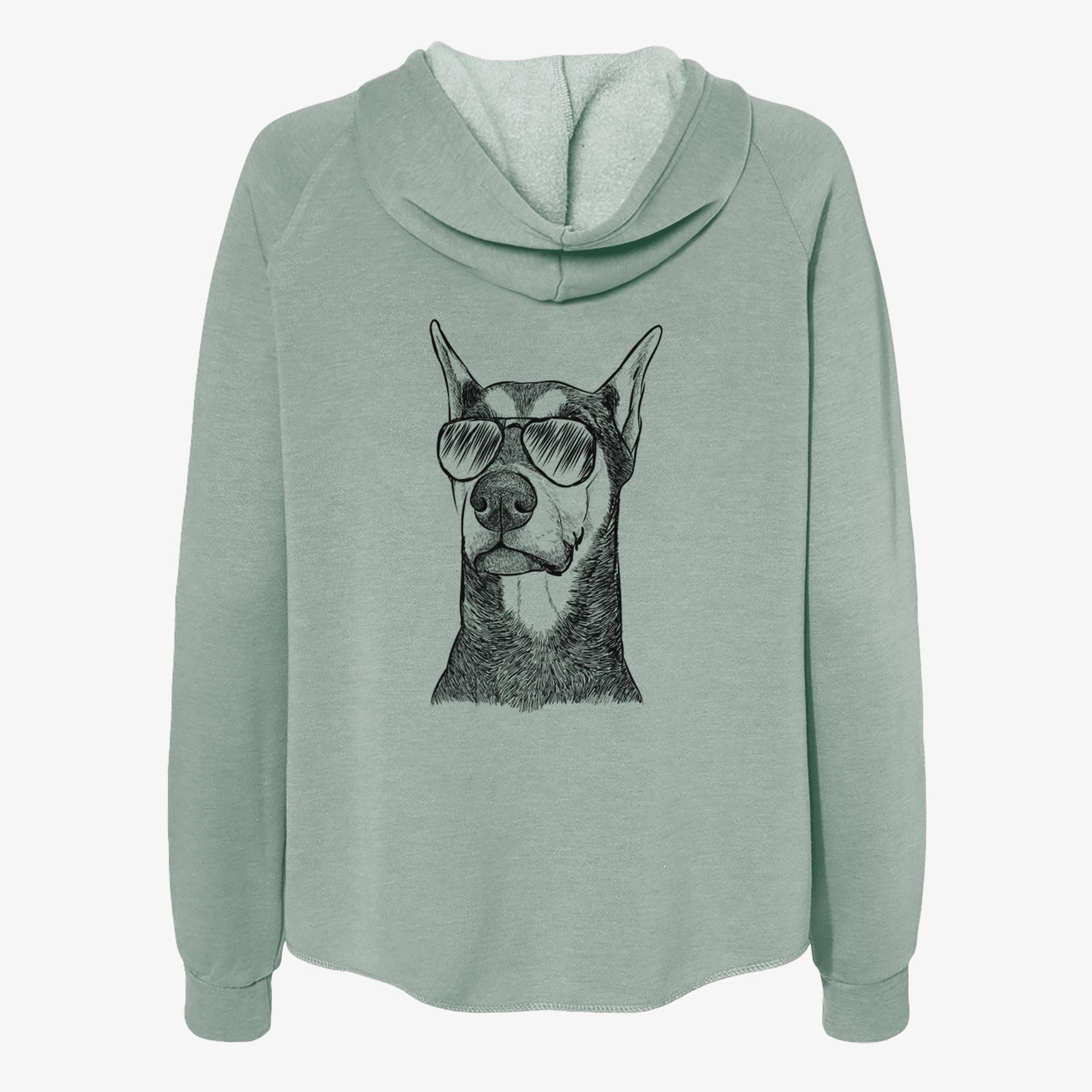Hand-drawn sketch of Zeus the Doberman Pinscher wearing aviator sunglasses on a Sage Women's cali wave zip-up sweatshirt