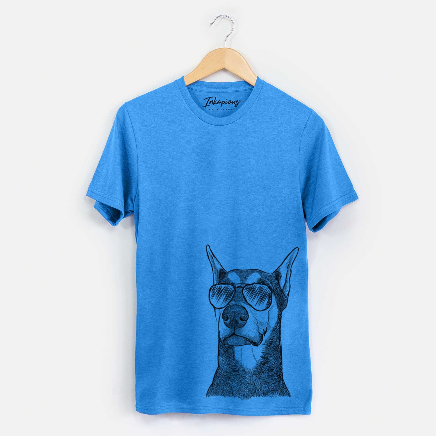 Hand-drawn sketch of Zeus the Doberman Pinscher wearing aviator sunglasses on a Blue Unisex crewneck