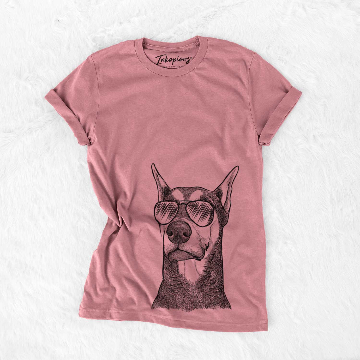 Hand-drawn sketch of Zeus the Doberman Pinscher wearing aviator sunglasses on a Mauve Bella Canvas Unisex Crewneck