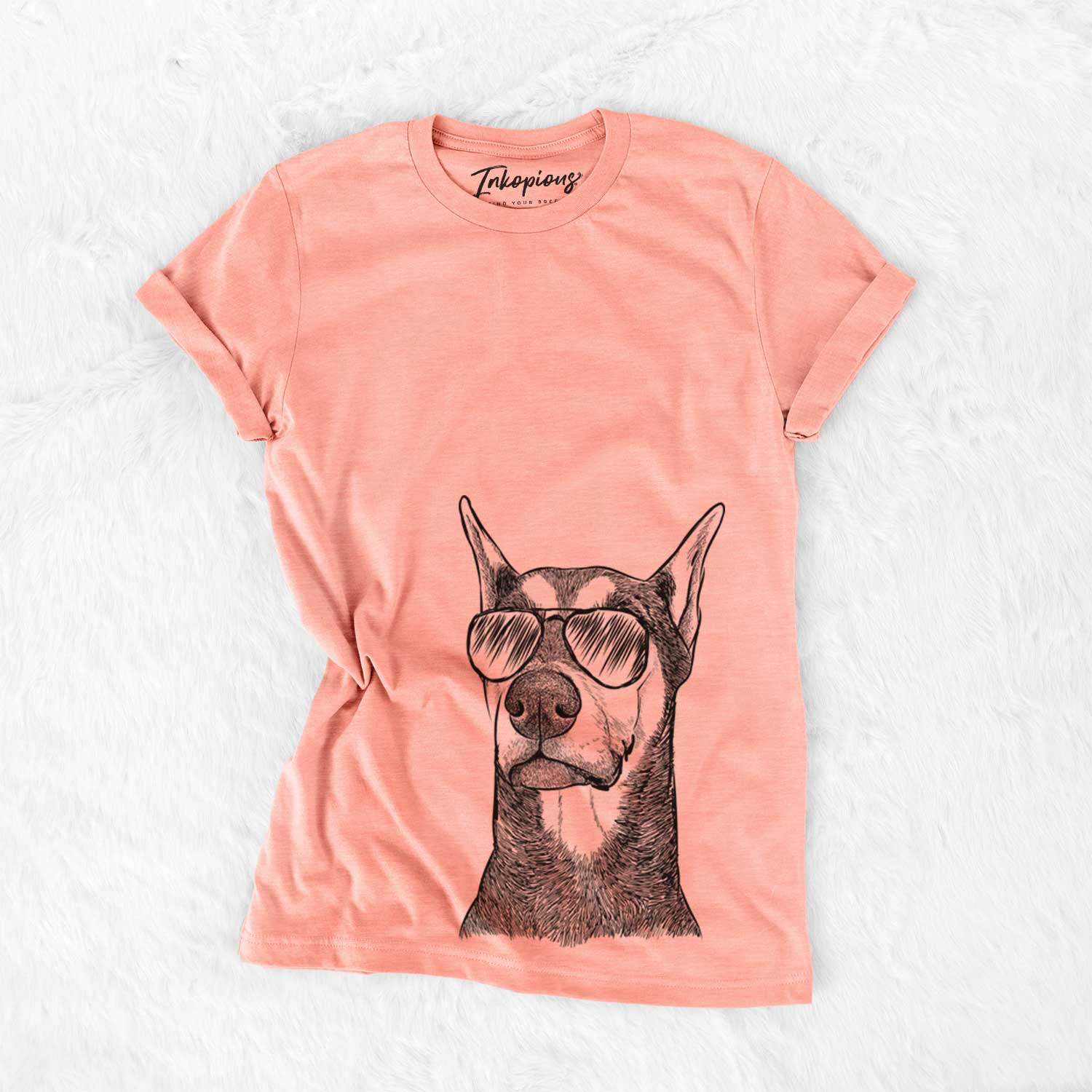 Hand-drawn sketch of Zeus the Doberman Pinscher wearing aviator sunglasses on a Sunset Bella Canvas Unisex Crewneck
