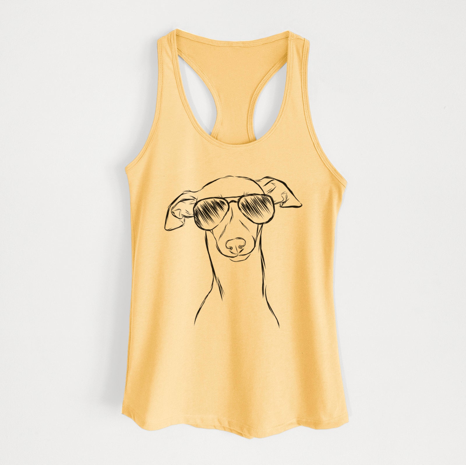 Hand-drawn sketch of Ziggie the Italian Greyhound wearing aviator sunglasses on a Banana Cream Women's racerback tanktop