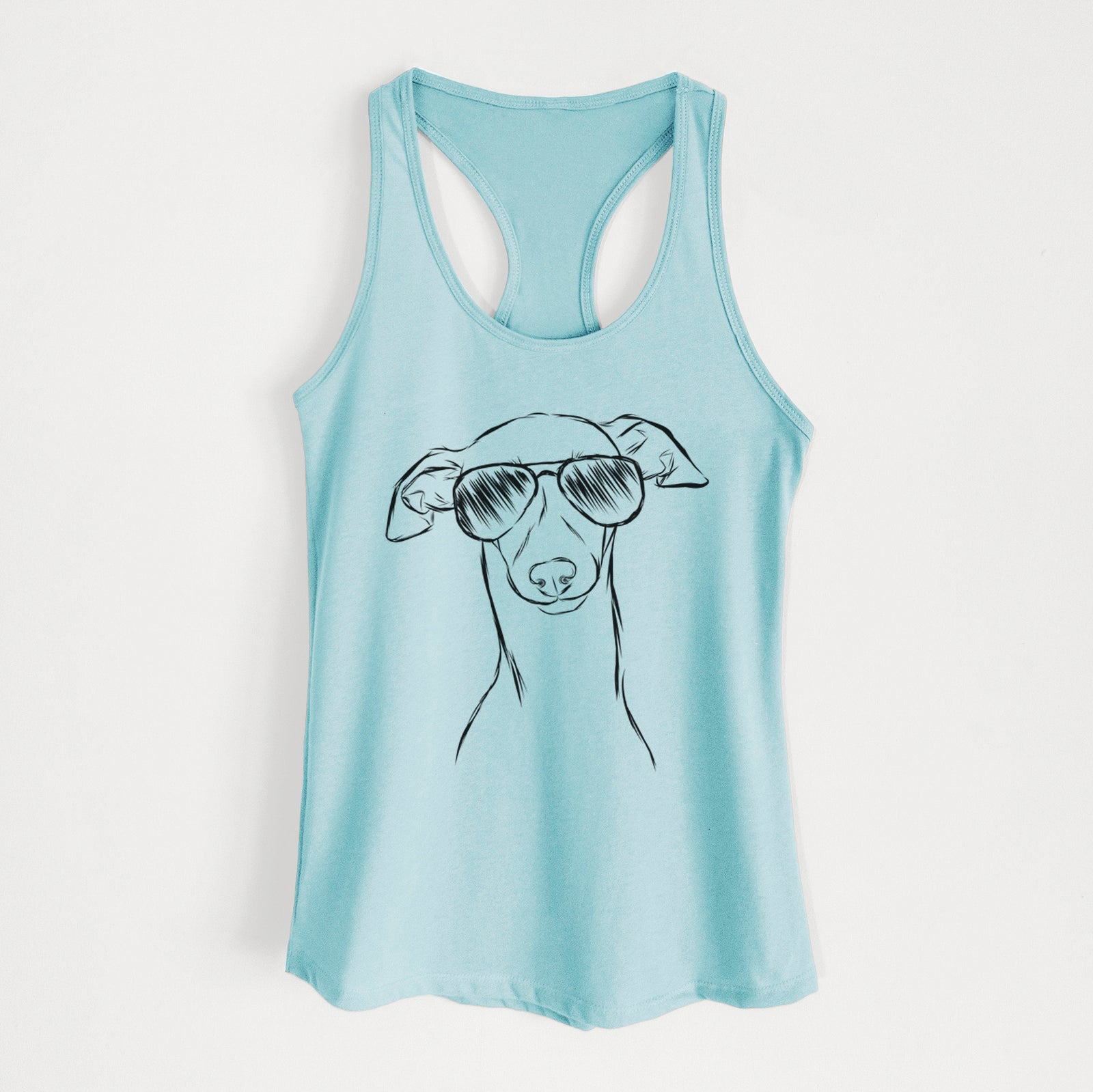 Hand-drawn sketch of Ziggie the Italian Greyhound wearing aviator sunglasses on a Cancun Blue Women's racerback tanktop