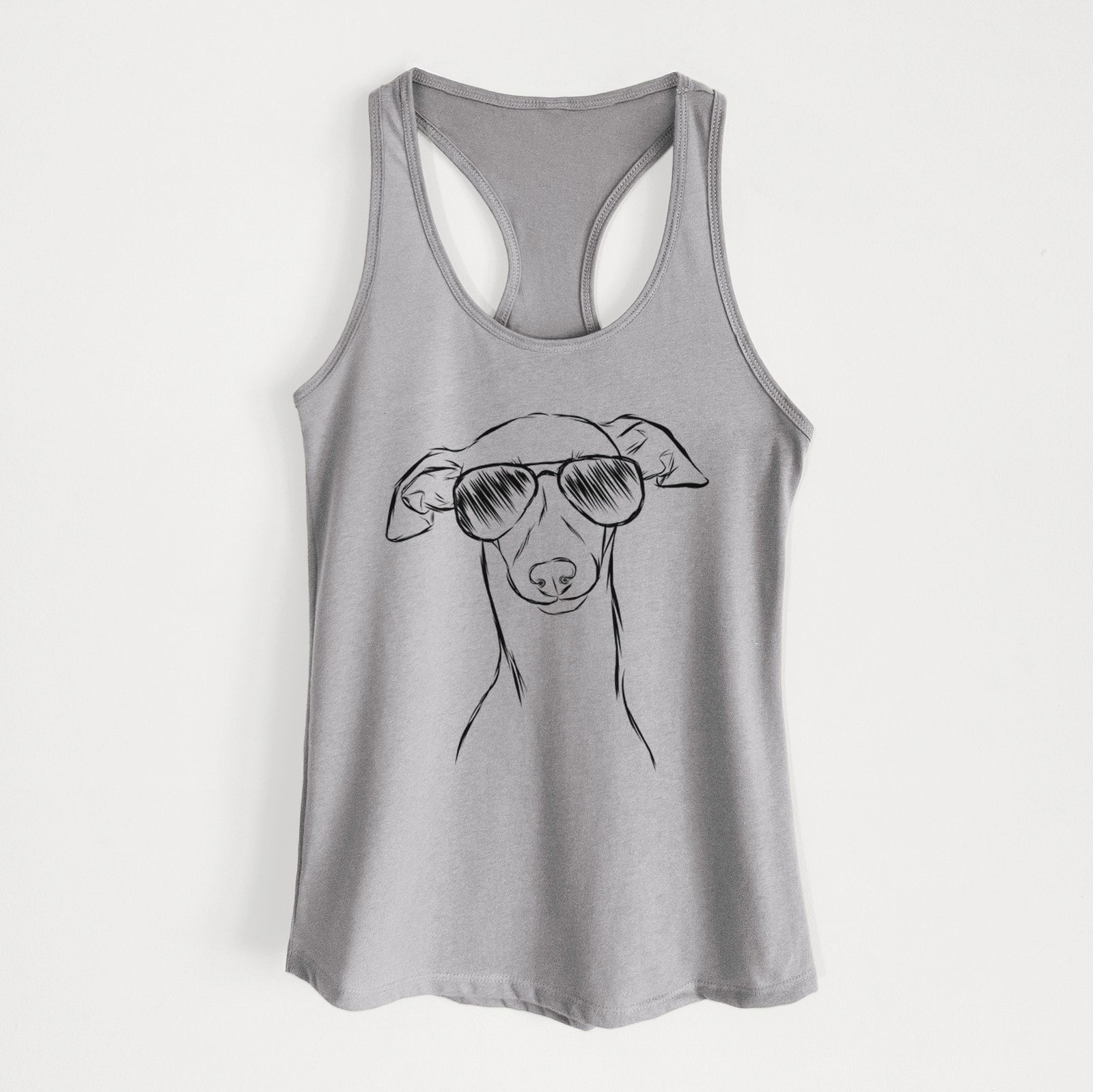Hand-drawn sketch of Ziggie the Italian Greyhound wearing aviator sunglasses on a Heather Grey Women's racerback tanktop